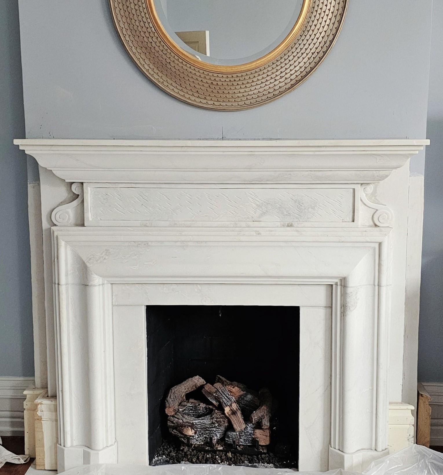 Our Jacobean stone fireplace is named after the early 17th century English design period it evokes.  It features a classic Bolection-style molding throughout the legs and first lintel piece.  In addition to the traditional Bolection curve, the
