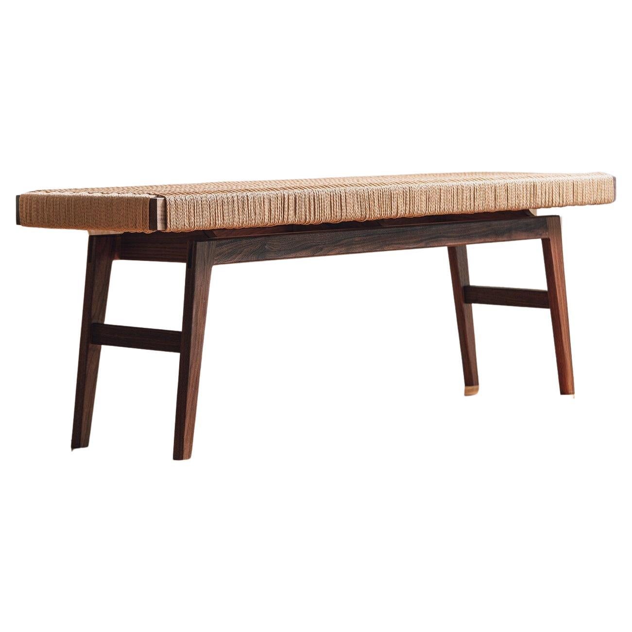 Jana Entry Bench, Danish Cord Version Walnut Mid-Century Modern Woven Jute For Sale