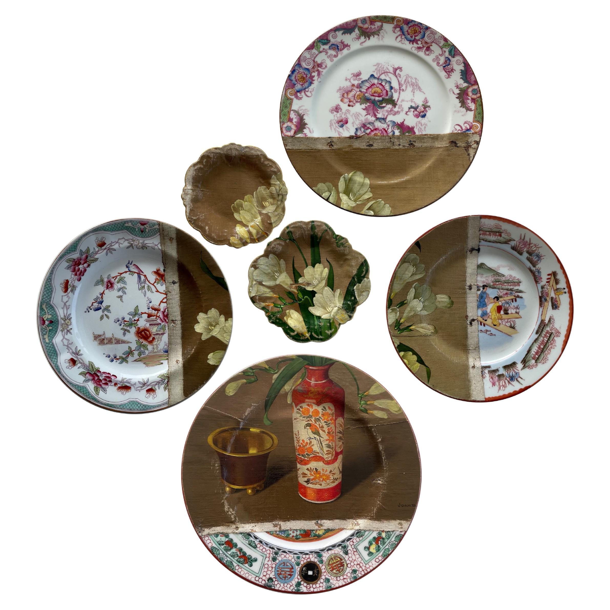 Wall Art Installation 19th Century Plates with Oil on Canvas "The Japanese Vase"