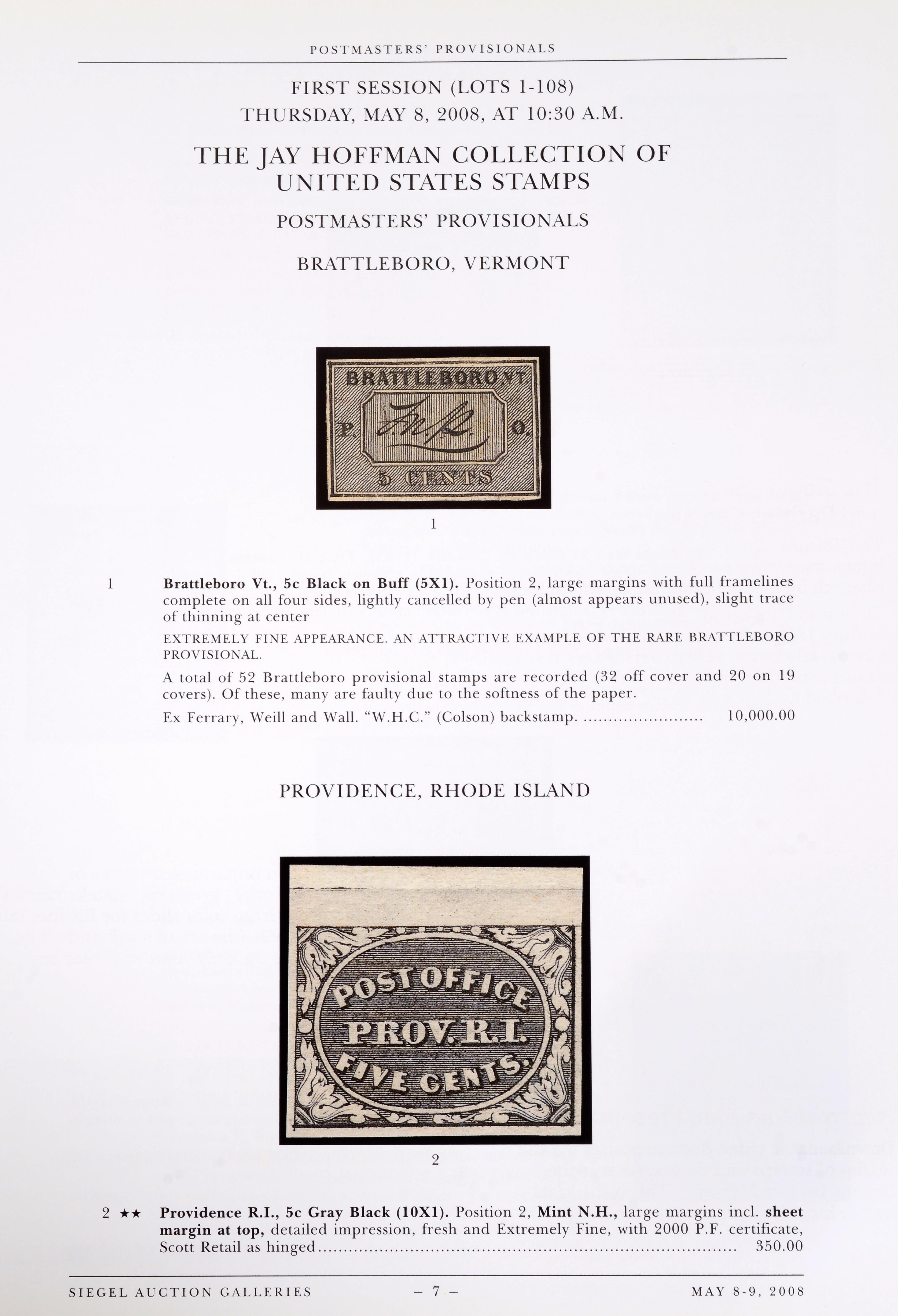La Collectional de timbres des États-Unis de Jay Hoffman : Vente 956, jeudi et vendredi 8 et 9 mai 2008, par Robert A. Siegel Auction Galleries, Inc. L'une des plus importantes collections mises sur le marché. Hubert N. (Jay) Hoffman III, PDG de la