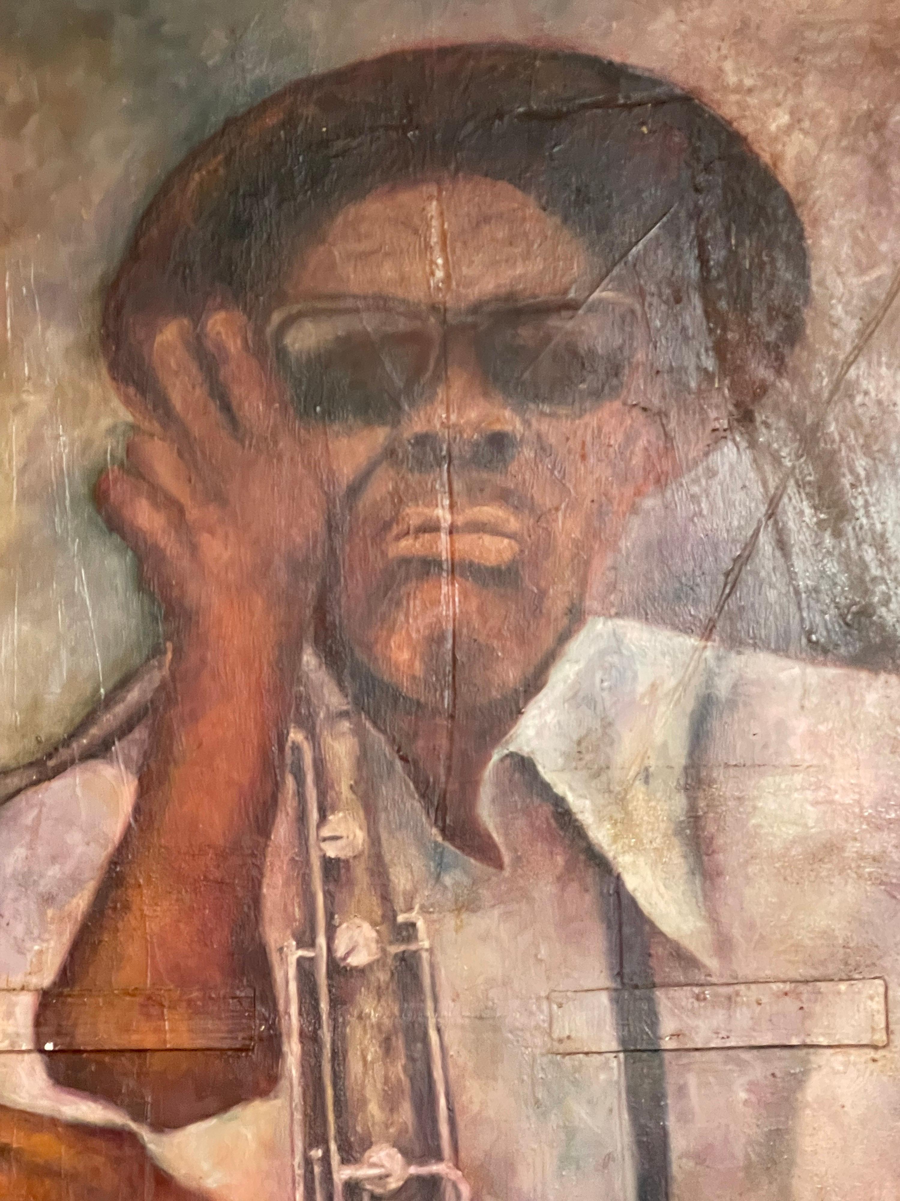 Original oil painting on board an old jazz musician. No signatures but original and well done. From Sag Harbor estate. Now more than ever, home is where the heart is.