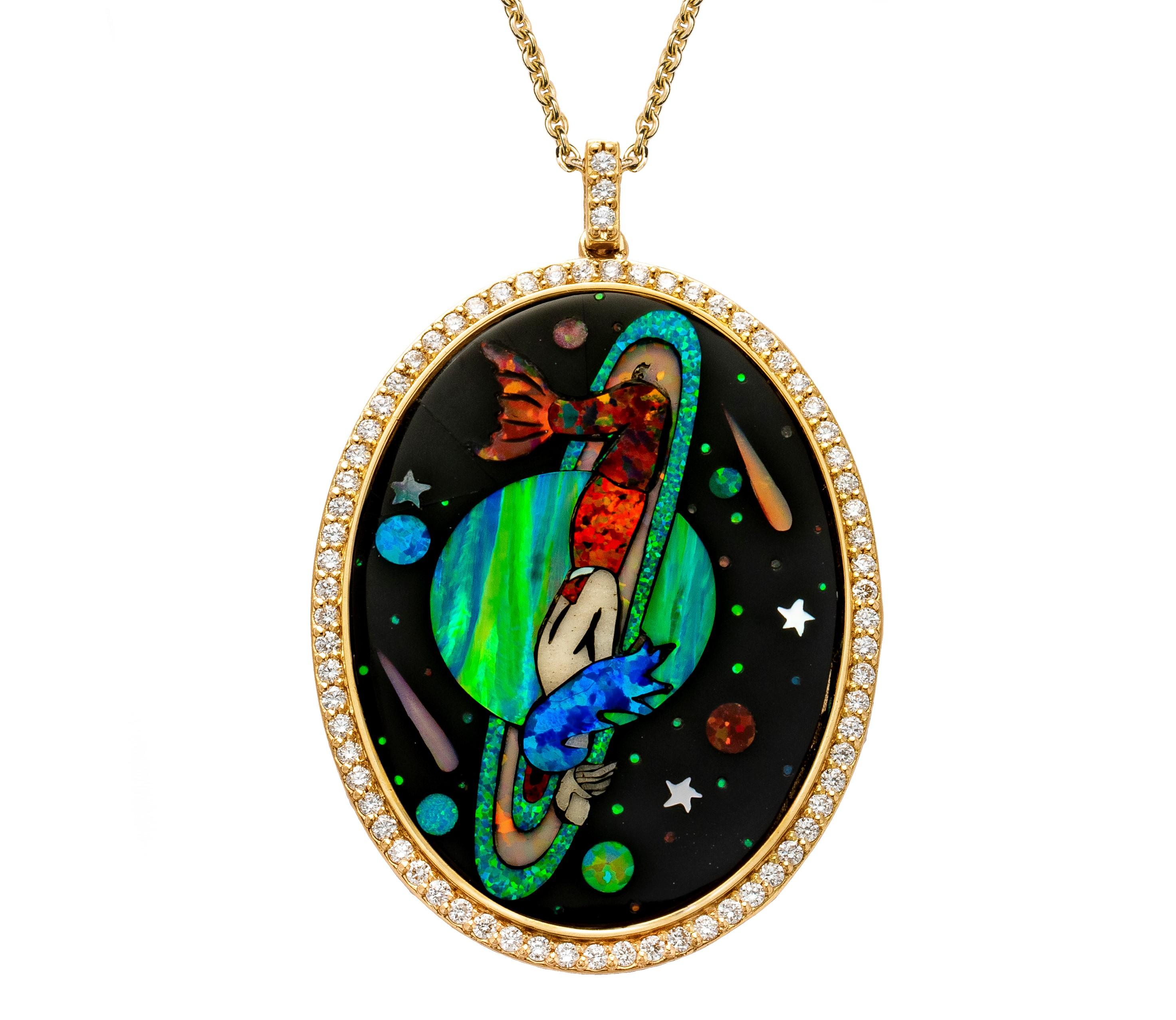 The Jenny Dee Mermaid Necklace

18kt yellow gold, Inlay with opals, onyx, mother of pearl – 0.48ct White Diamonds, 11,61 gr total gold. 
Chain length : 60 cm
Handmade in Italy.
*Due to Covid-19 situation, we may have delivery delays.

The Cosmic