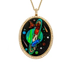 The Jenny Dee Mermaid Necklace, Inlay, White Diamonds, 18 Karat Yellow Gold