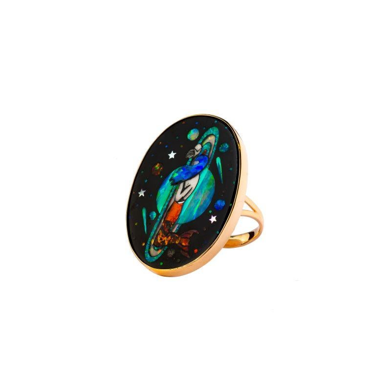 The Jenny Dee Mermaid Ring

18kt yellow gold, Inlay with opals, onyx, mother of pearl –  7,41 gr total gold. 
Size 53
Handmade in Italy.
*Due to Covid-19 situation, we may have delivery delays.

The Cosmic Mermaid is a collection of rings and