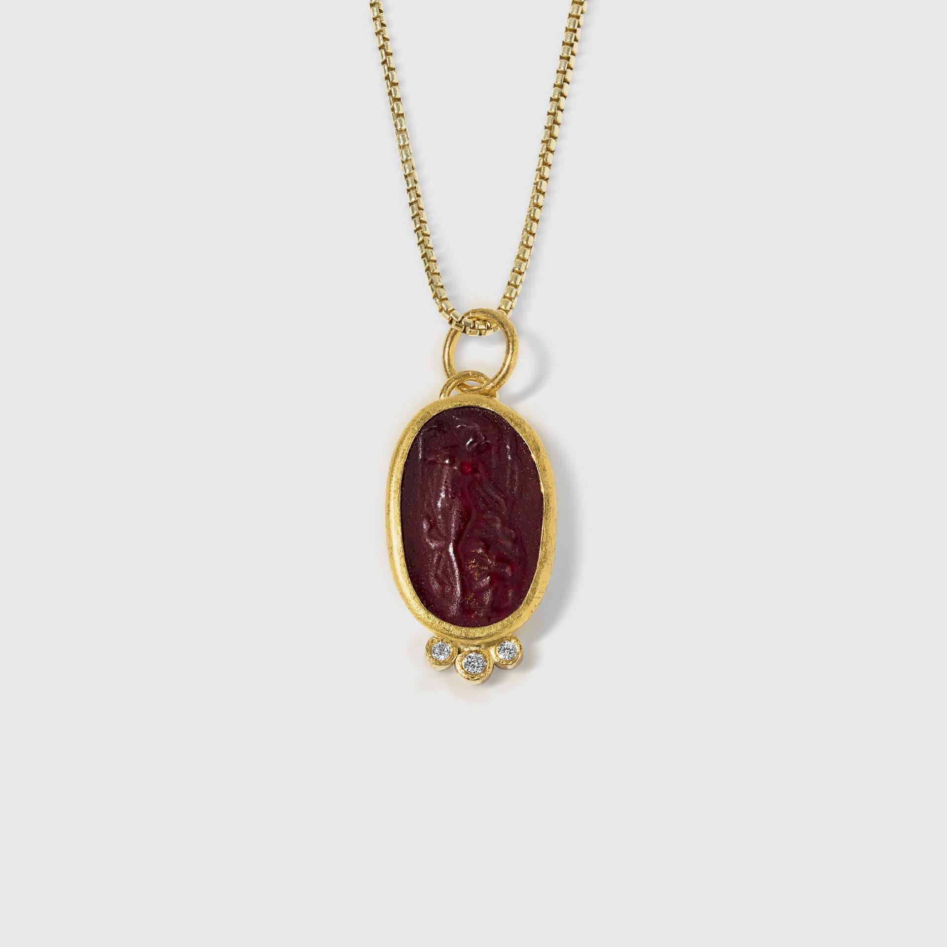 The Joy of Life, Roman Woman Intaglio, Carved Agate, Coin Charm Amulet Pendant Necklace with Diamond, 24kt Gold and Silver by Prehistoric Works of Istanbul, Turkey. Diamond - 0.02cts. Measures 13mm x 24mm (medium), comes with 16