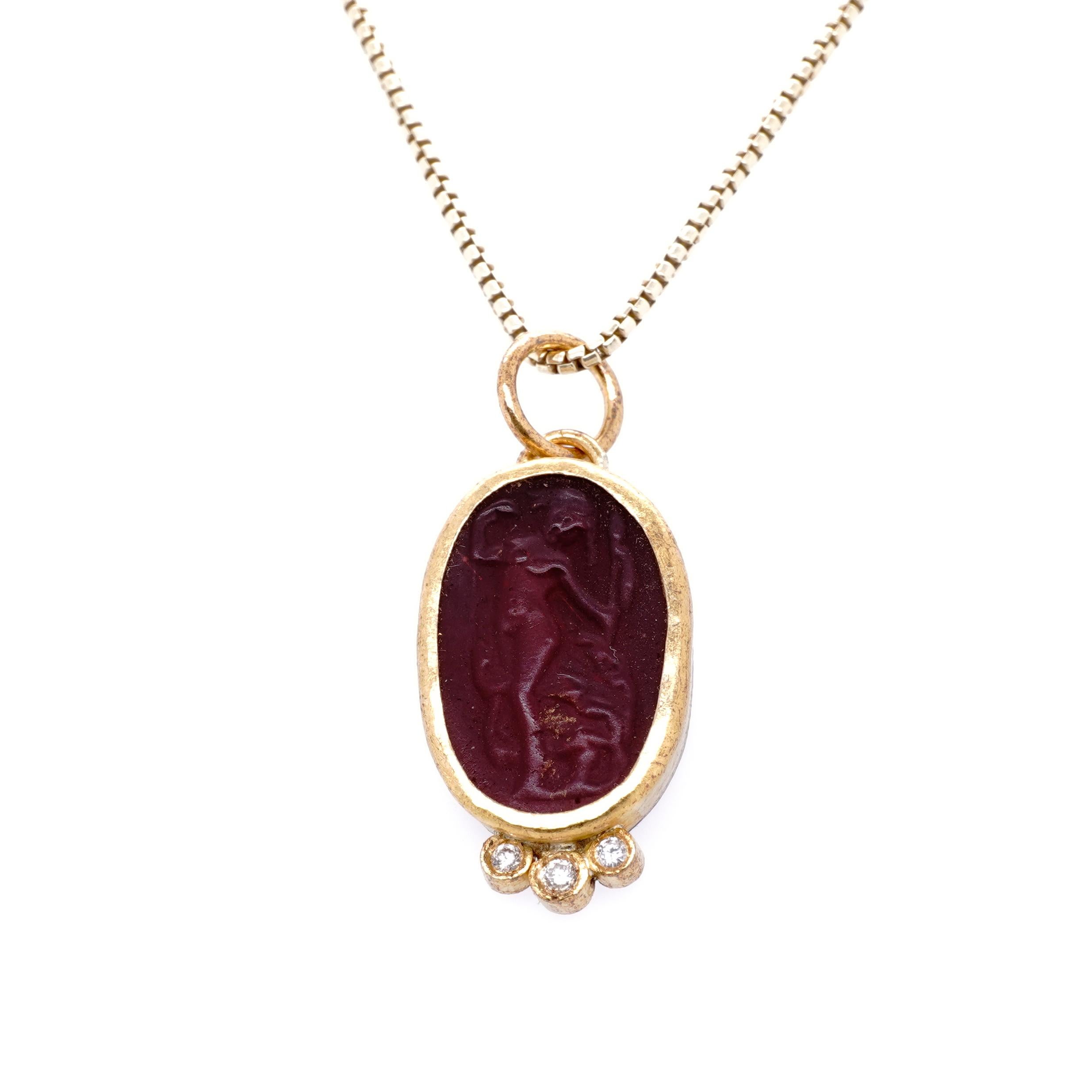 Oval Cut The Joy of Life, Roman Woman Intaglio, Carved Agate, Coin Charm Amulet 24kt Gold