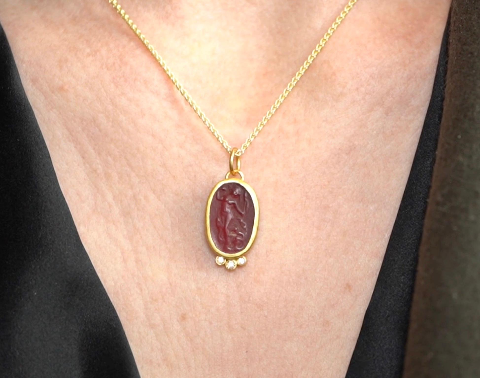 Classical Greek The Joy of Life, Roman Woman Intaglio, Carved Agate, Coin Charm Amulet 24kt Gold