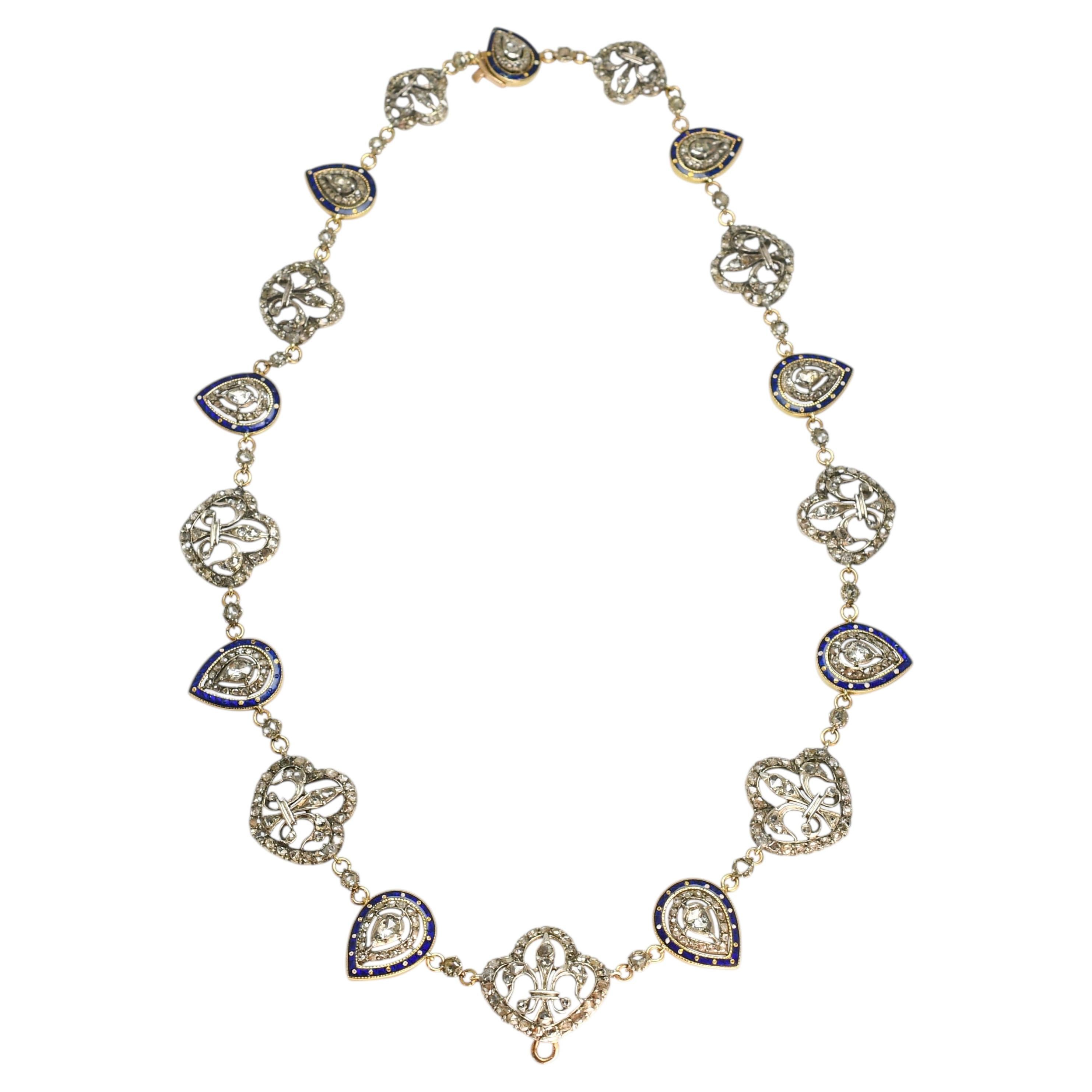 The July Monarchy Diamond & Enamel Fleur-De-Lys Boxed Necklace, Circa 1830 For Sale