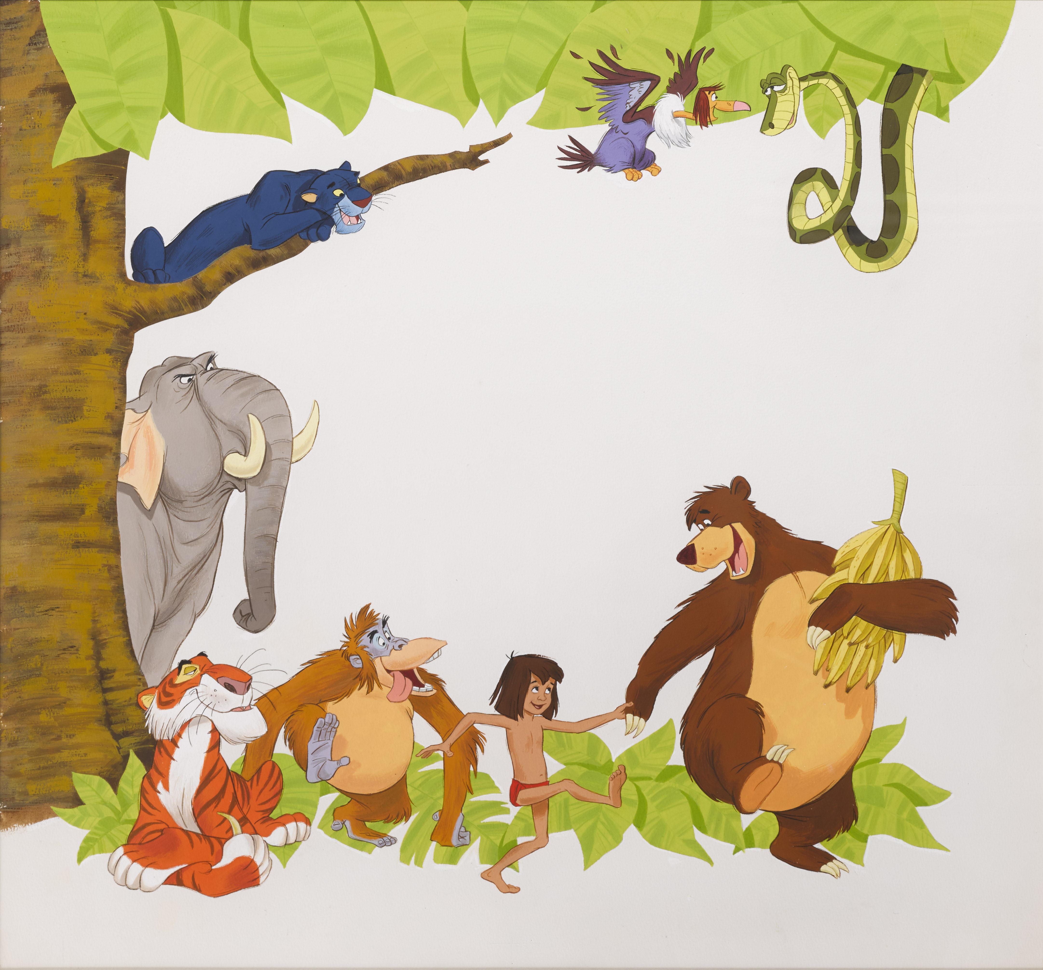 Original artwork used to for the US 81 x 81 in. billboard poster.
The artwork is by Al White. Original artworks rarely surface, as the majority were destroyed.
The Jungle Book, by Rudyard Kipling, was published in 1894. The first screen adaptation