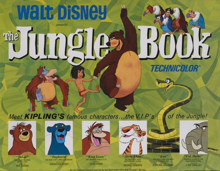 Original US title card used in American cinemas to advertise Disney's Classic animation in 1967.
The film featured the famous song The Bare Necessities by Terry Gilkyson.
This lobby card is framed in a Sapele wood frame with acid free card mounts