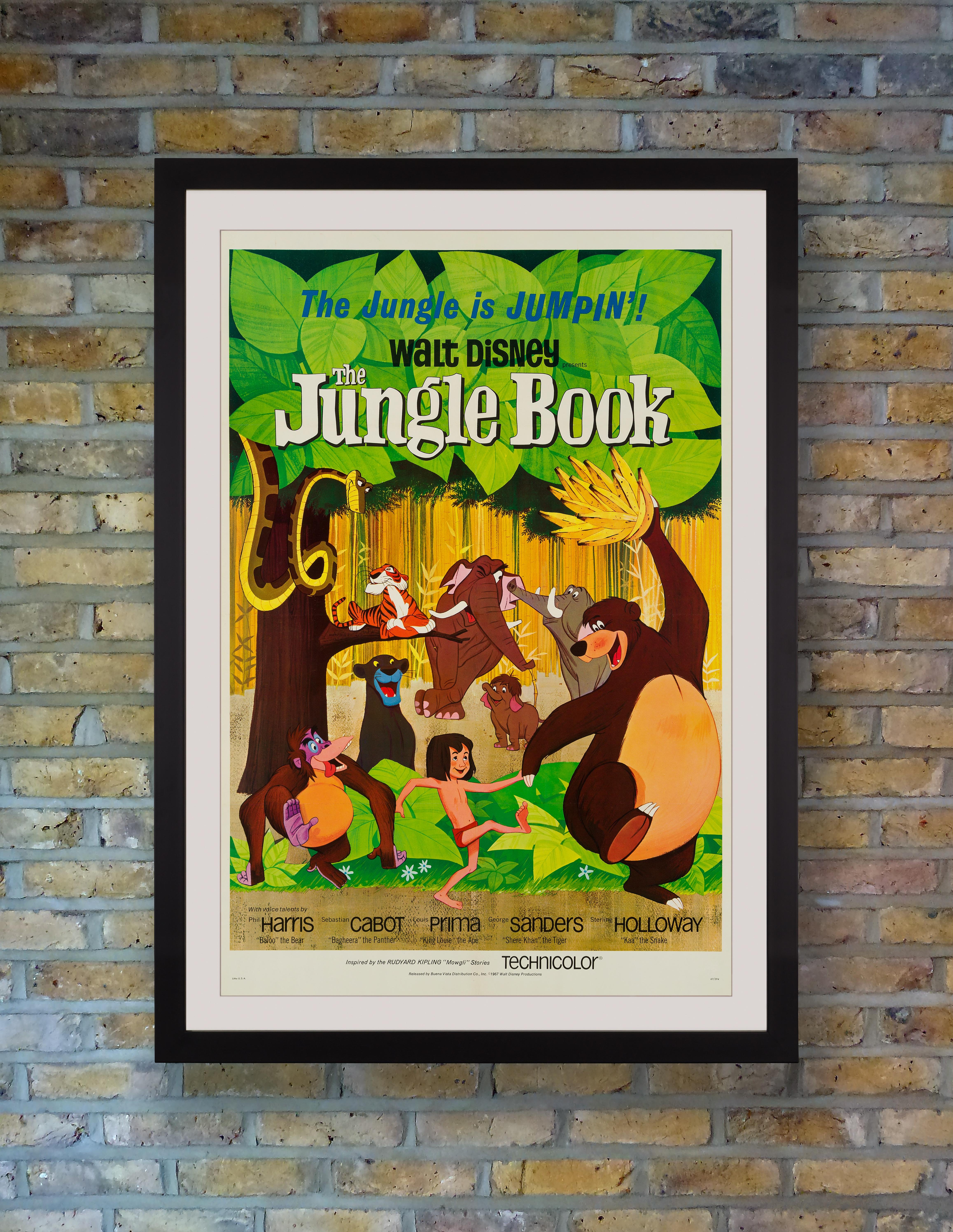 A charming poster for the 1967 Walt Disney animated classic 'The Jungle Book,' the last Disney feature to be produced under Walt's supervision. A perennial favourite for decorating children's nurseries and playrooms, examples of this poster have