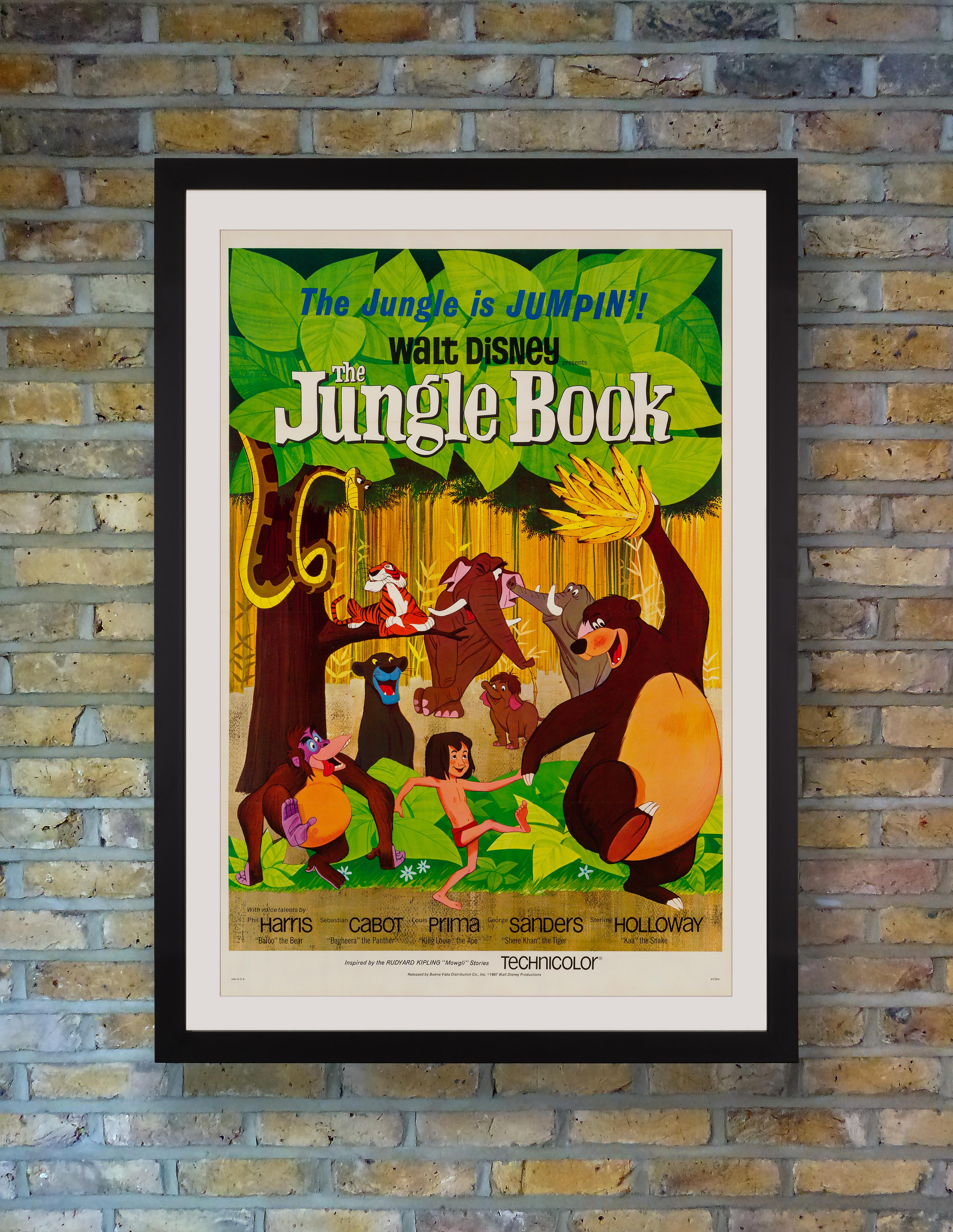 A charming poster for the 1967 Walt Disney animated classic 'The Jungle Book,' based on Rudyard Kipling's 1894 book of the same name, and the last Disney feature to be produced under Walt's supervision. The film has been widely acclaimed by