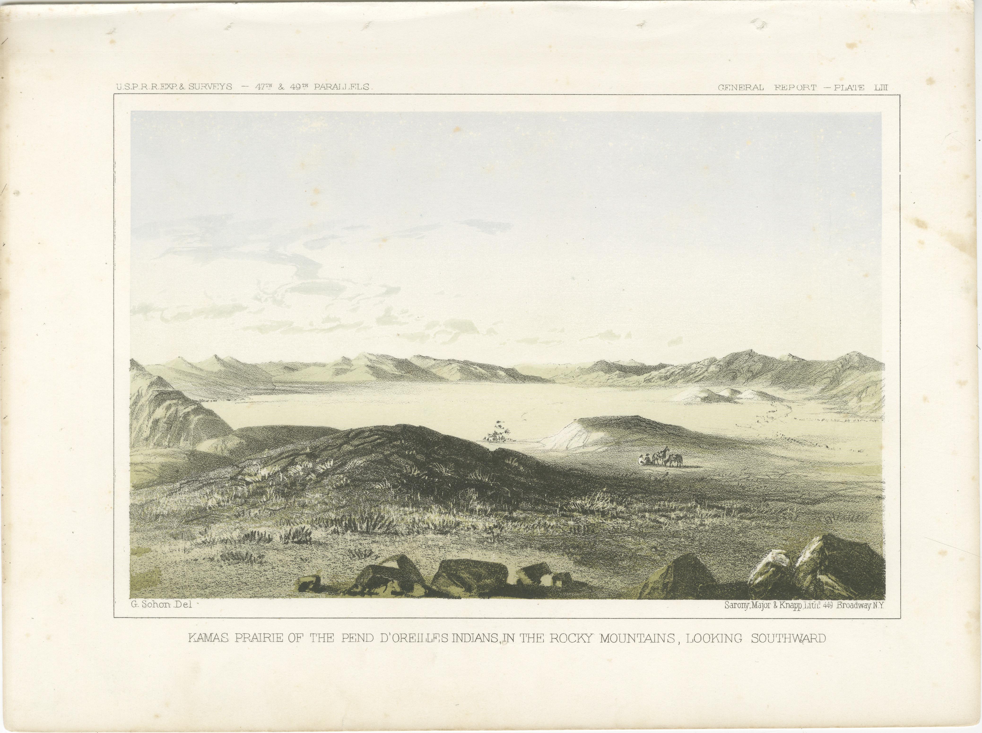Vista panoramica della prateria di Kamas sulle Montagne Rocciose - Paesaggio storico di Pend d'Oreilles
  
Questa litografia storica cattura la distesa mozzafiato della prateria di Kamas, una regione importante per i nativi americani Pend