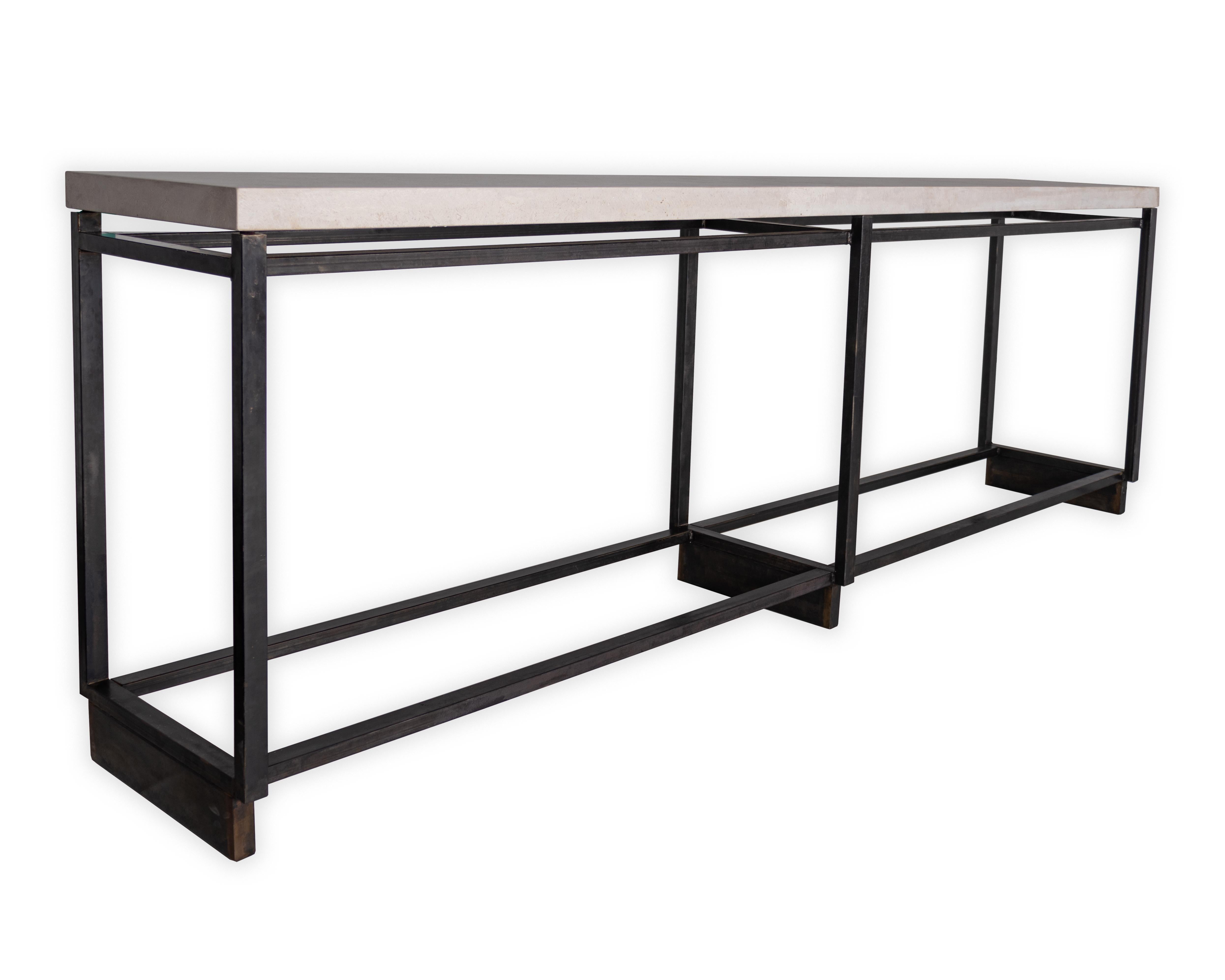 The Karnes - long console with limestone top and steel metal base. In my organic, contemporary, vintage and mid-century modern style.

This piece is a part of Brendan Bass’s one-of-a-kind collection, Le Monde. French for “The World”, the Le Monde