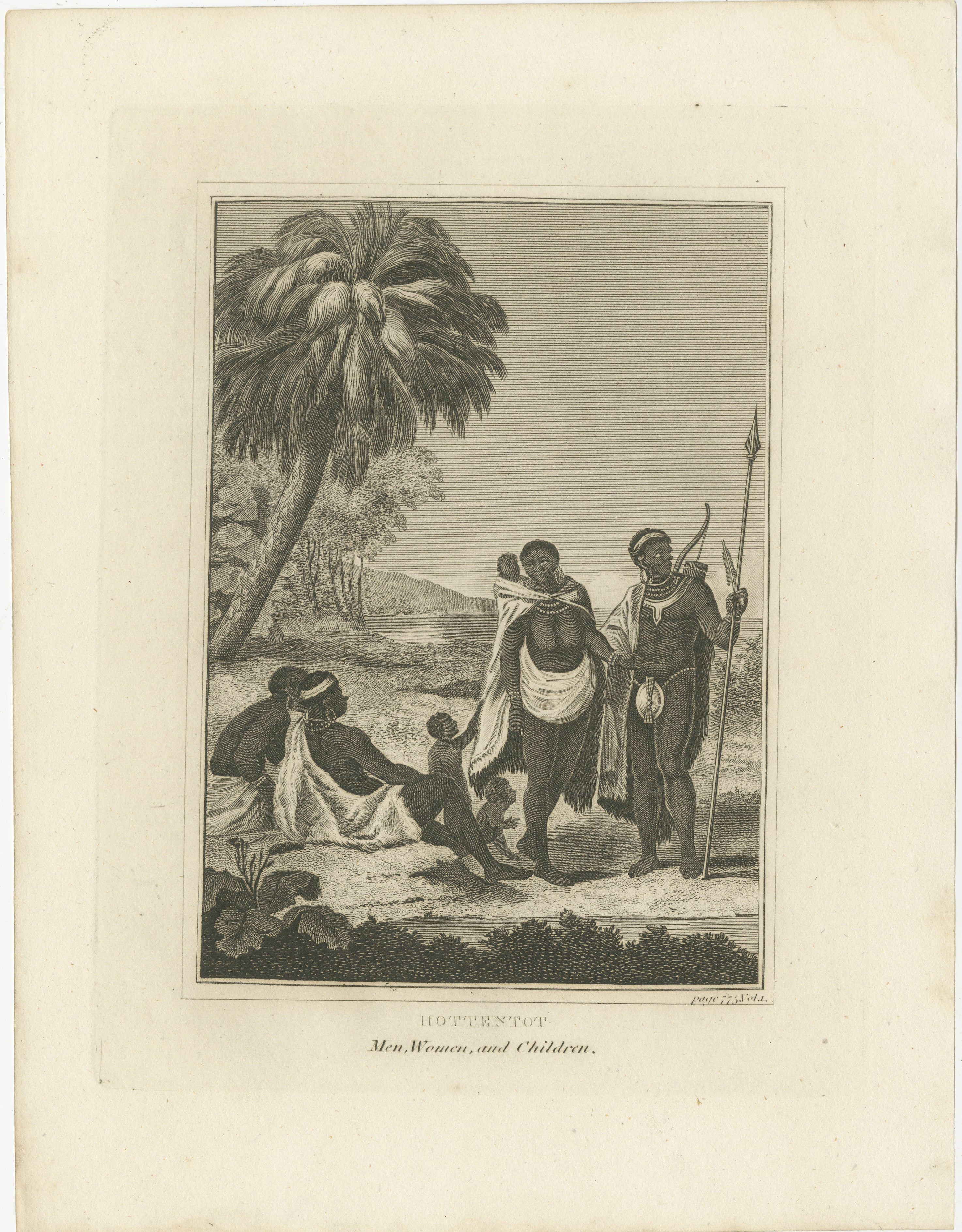 The print is an early 19th-century engraving depicting the Khoikhoi people, historically referred to as the Hottentots, which is an outdated term. The Khoikhoi are indigenous inhabitants of the southwestern regions of Africa. 

The image is labeled