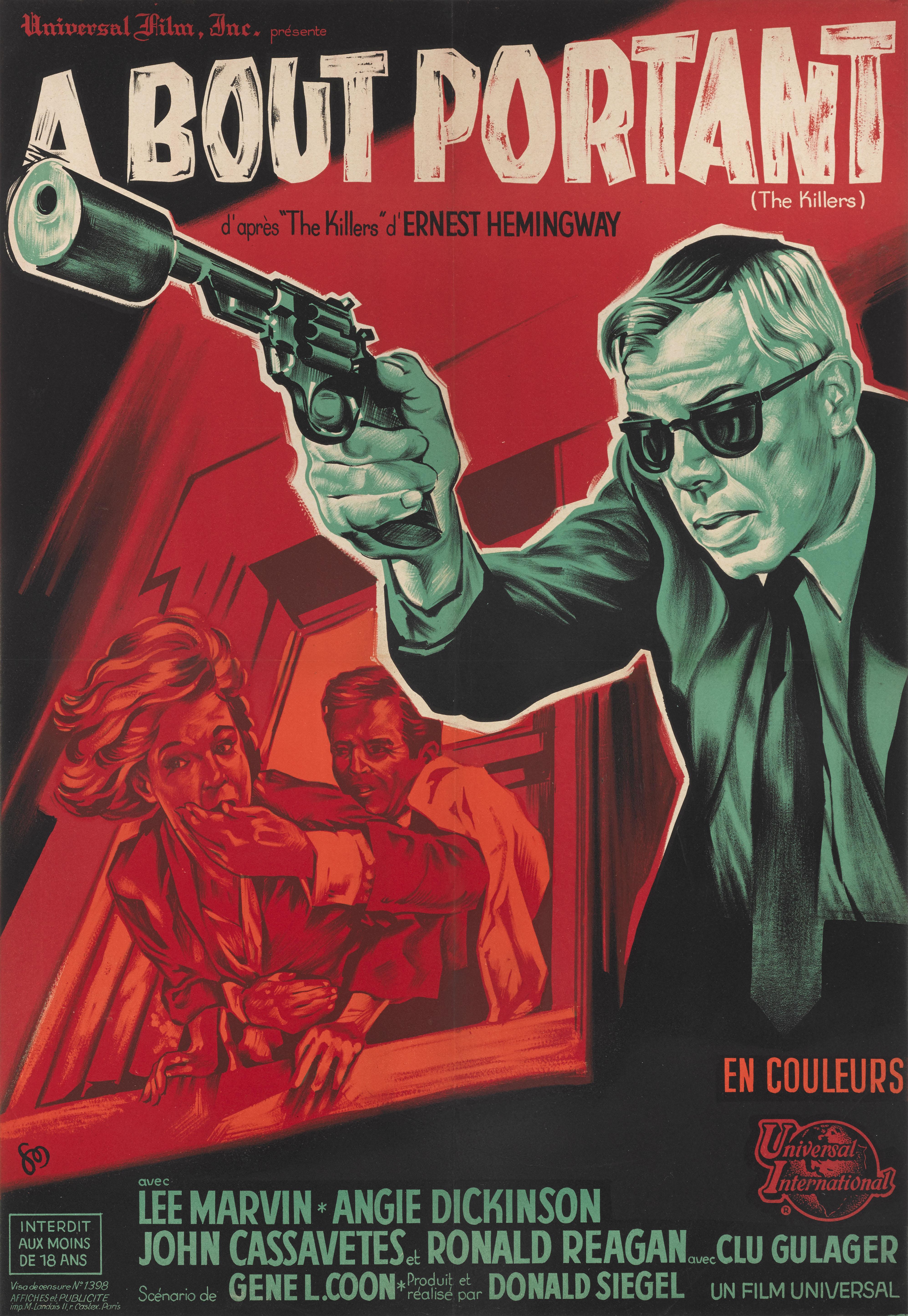 Originales französisches Filmplakat für Don Siegels 1964 Dieser Film war eine Adaption der gleichnamigen Kurzgeschichte von Ernest Hemingway aus dem Jahr 1927. Dies war das zweite Mal, dass die Geschichte von den Universal Studios verfilmt wurde,