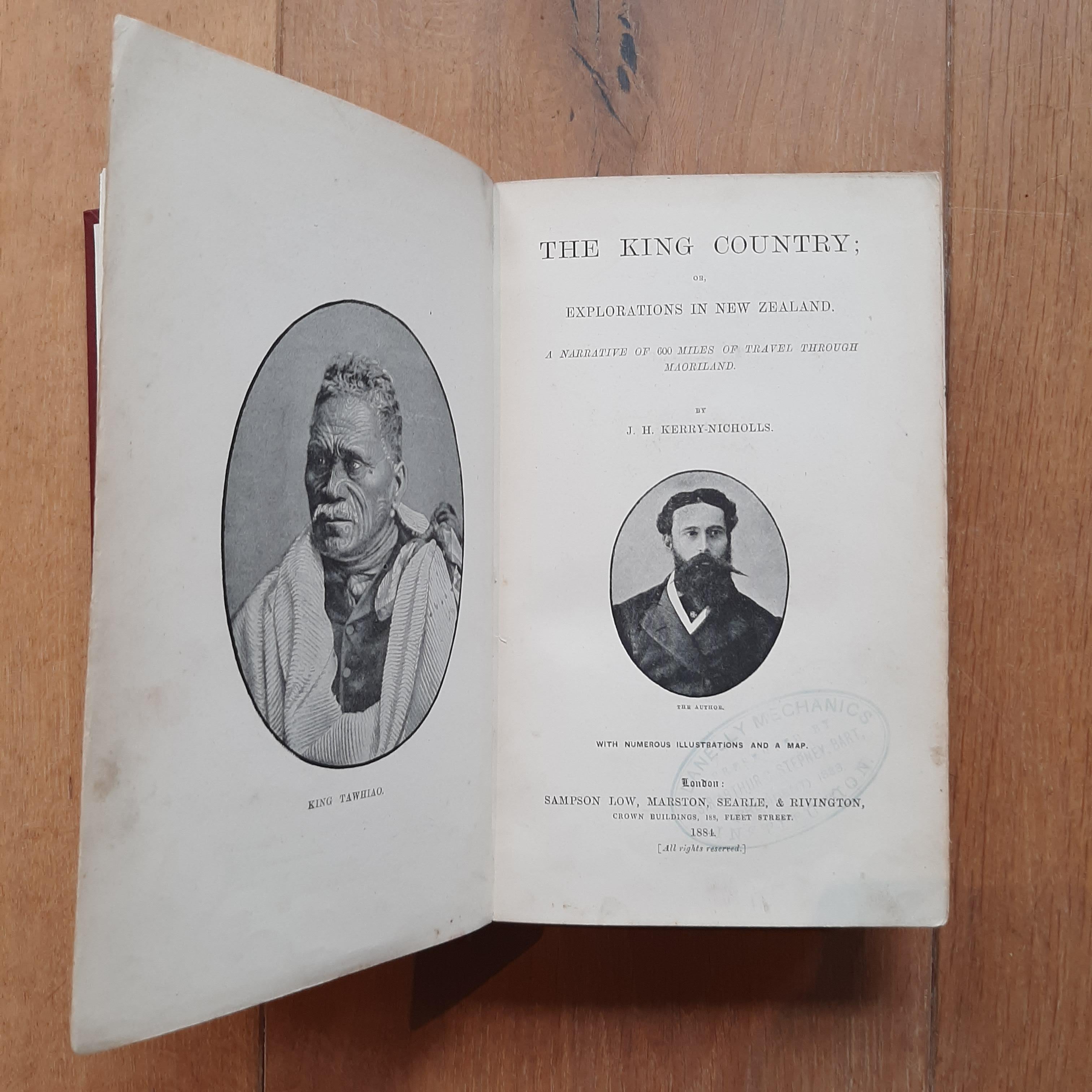 'The King-Country; or, Explorations in New-Zealand' by J.H. Kerry-Nicholls. Ibid., Sampson Low etc., 1884, XX,379,(1),36p., fold. col. lithogr. map, woodengr. plates, ills., modern cl. w. orig. backstrip and gilt frontcover ornament laid down.