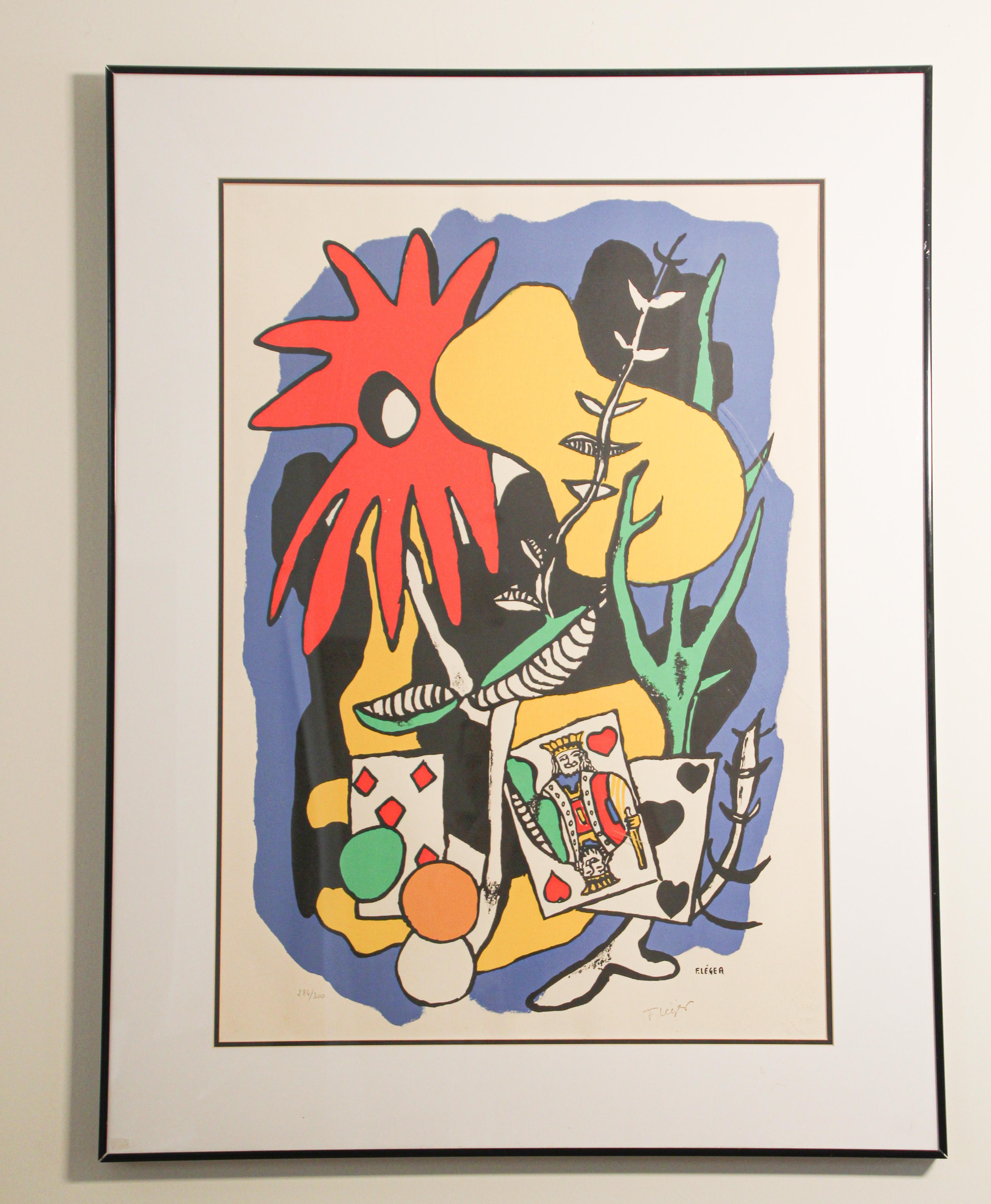 Rare limited edition of 284/300, pencil signed lithograph by Fernand Leger.
Le Roi de cœur (The King of Heart) 1949.
This piece showcases Leger's use of color and movement in his work.
The lithograph by itself without the frame is 20