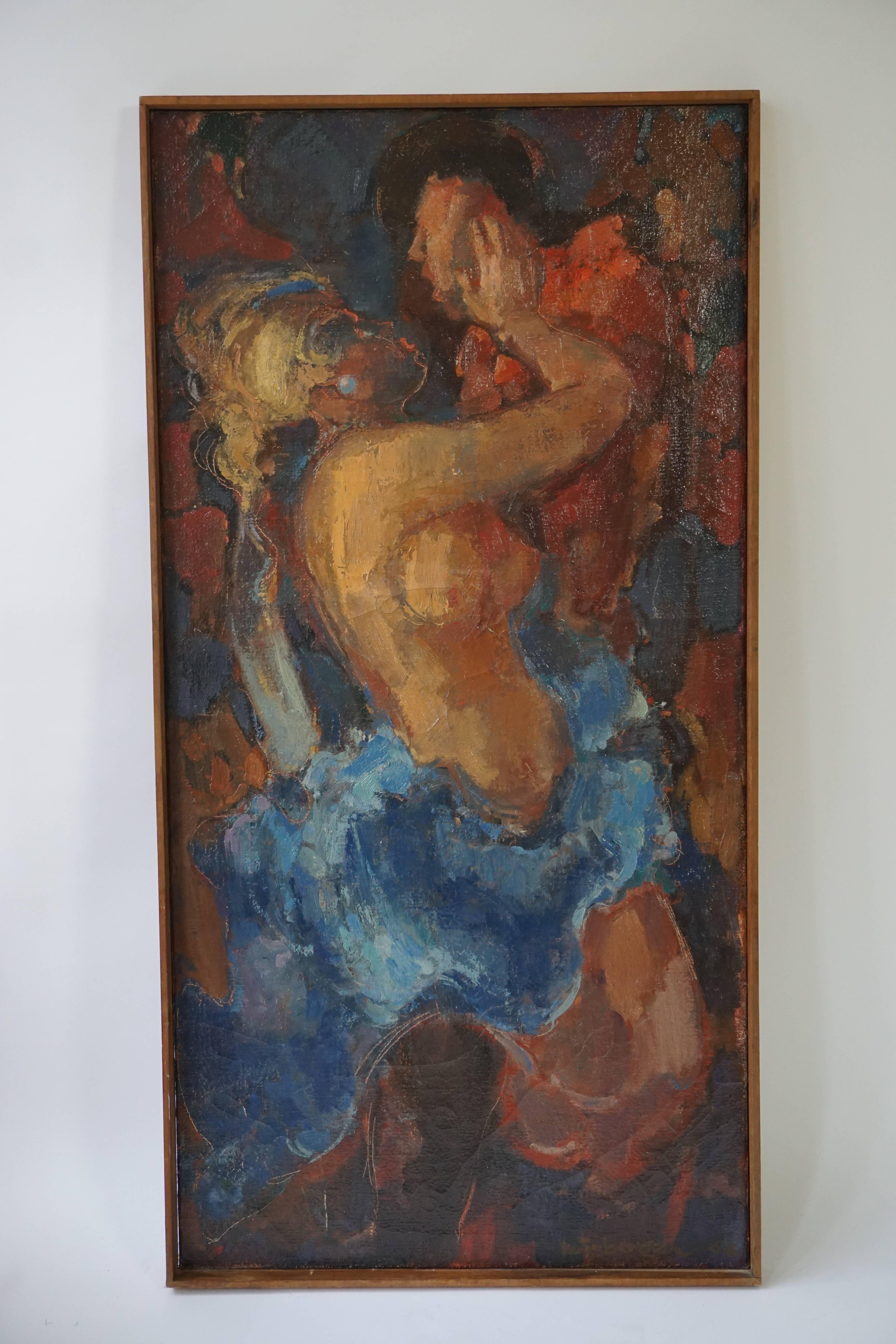 Mid-Century Modern Peinture à l'huile sur toile « Kiss » de J Mijsbergen, 1968, Hollande en vente