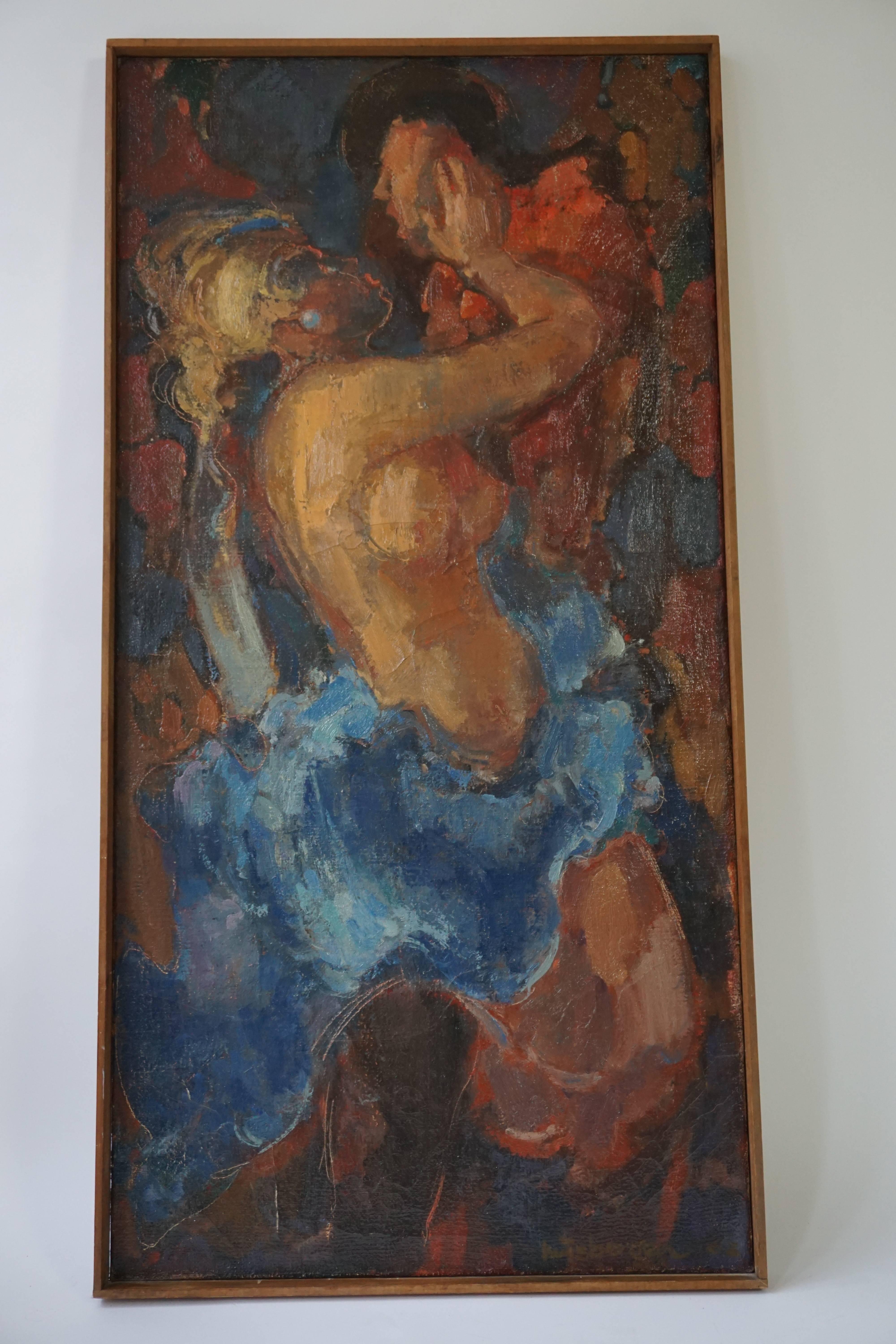Néerlandais Peinture à l'huile sur toile « Kiss » de J Mijsbergen, 1968, Hollande en vente