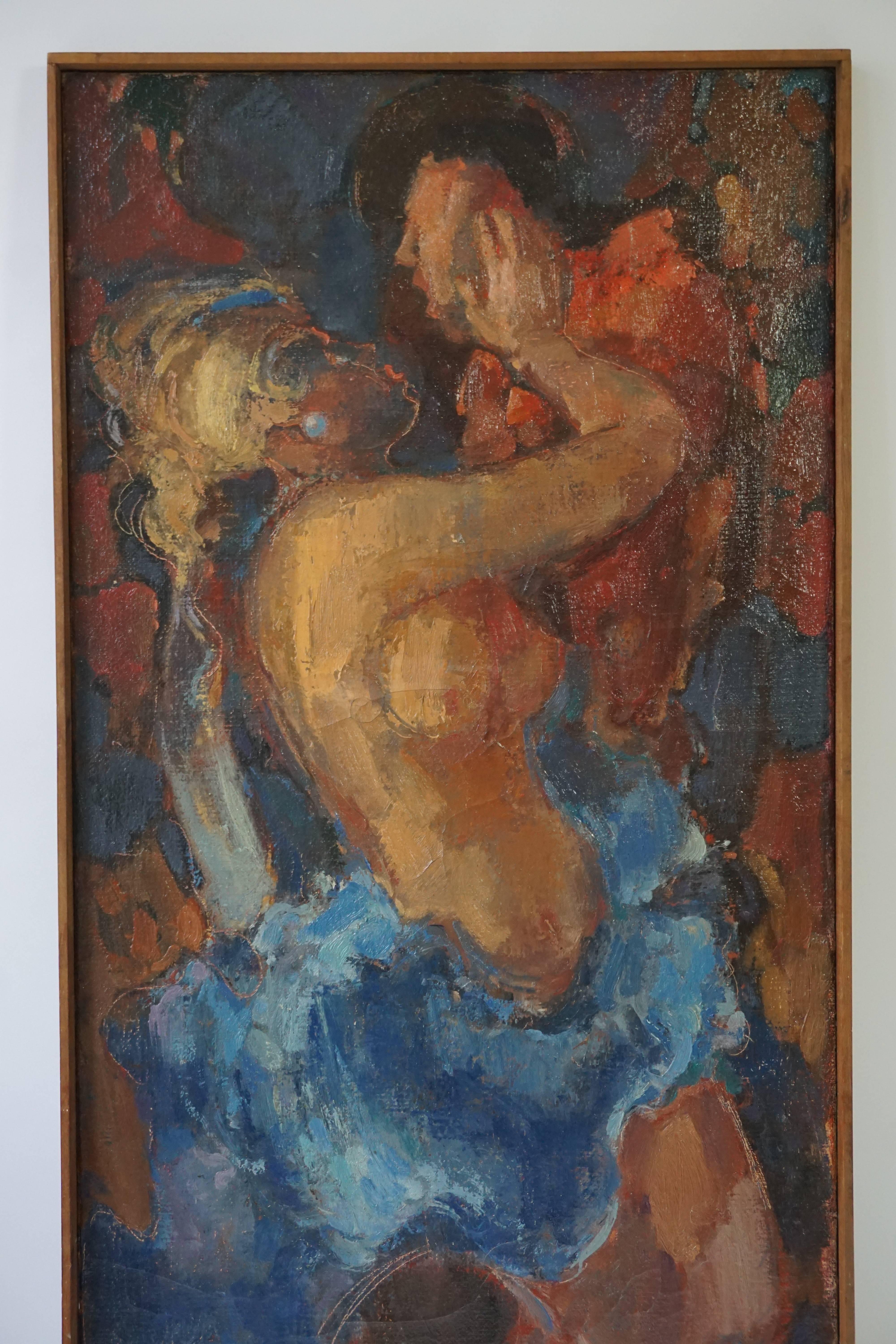 Peint à la main Peinture à l'huile sur toile « Kiss » de J Mijsbergen, 1968, Hollande en vente