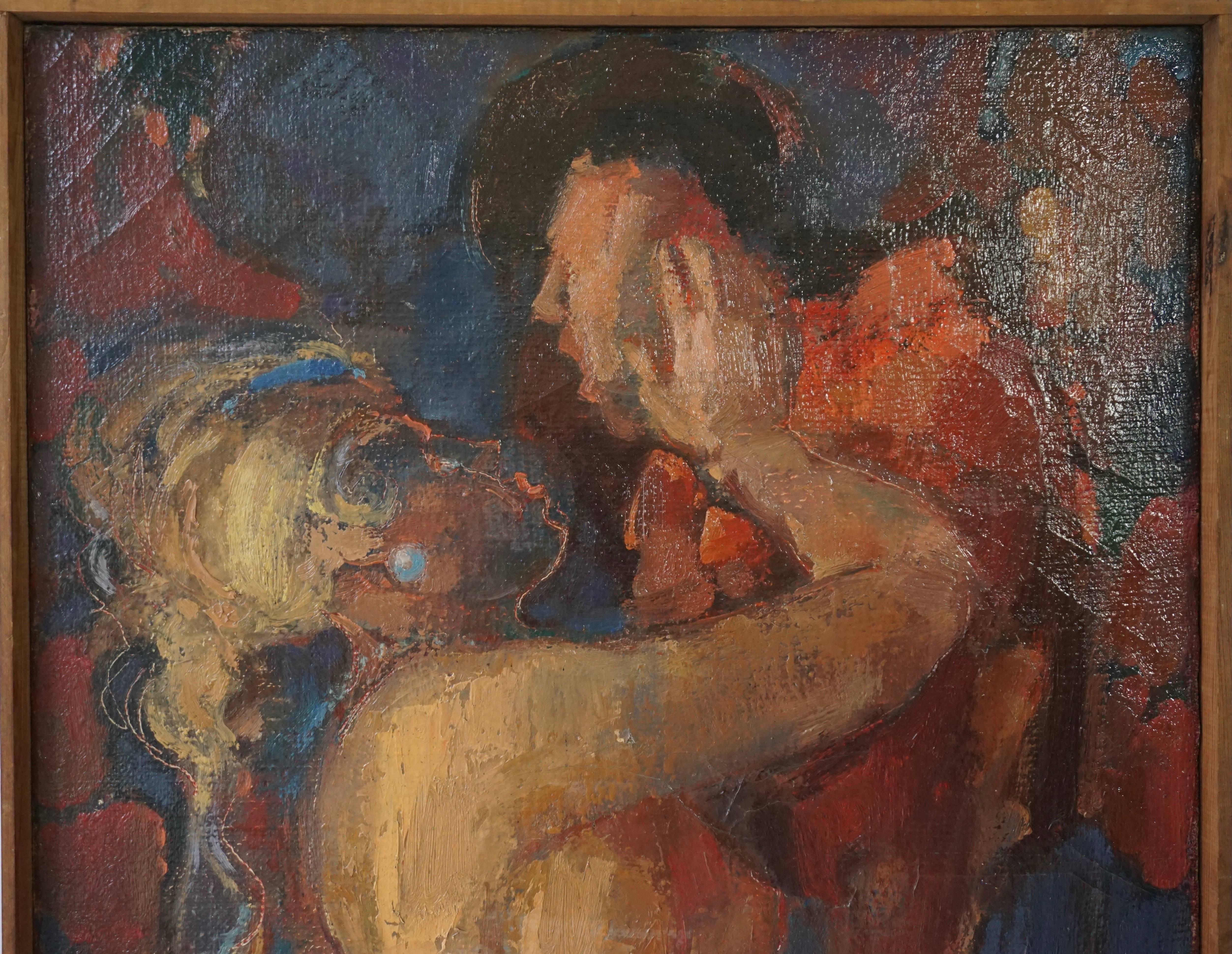 Peinture à l'huile sur toile « Kiss » de J Mijsbergen, 1968, Hollande Bon état - En vente à Antwerp, BE