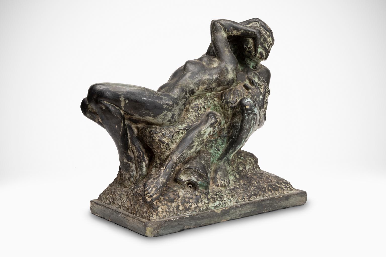 SALE ONE WEEK ONLY

Edgardo Simone (Italian/American, 1890-1948) The Kiss patinated plaster casting sculpture for kissing nudes fountain sculpture signed to top of base. 

Classically trained in Italy at the Beaux Arts Academy in Rome from 1906 to