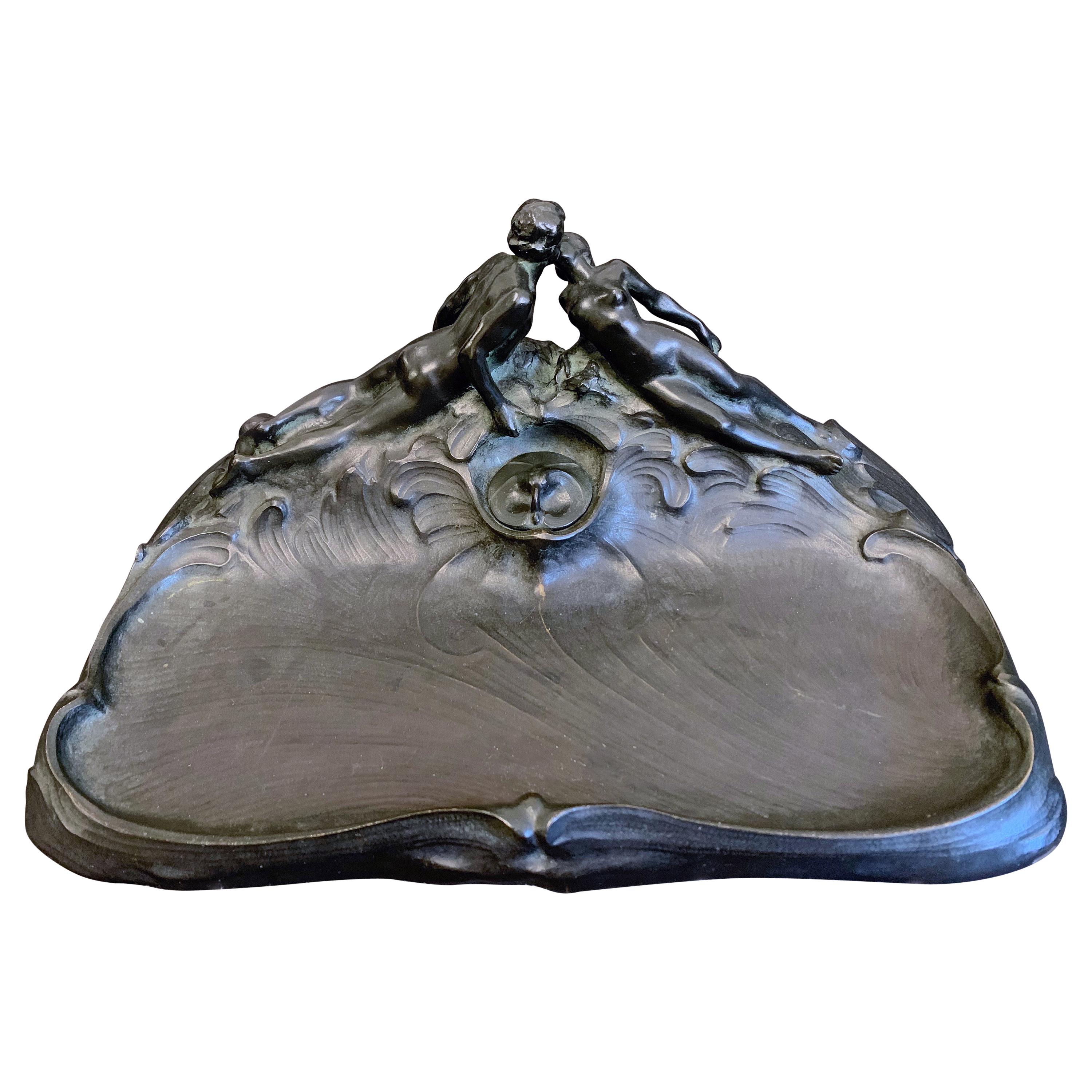 "The Kiss, " Romantic, Rare Bronze Inkwell/Pen Tray with Nudes and Aquatic Motif