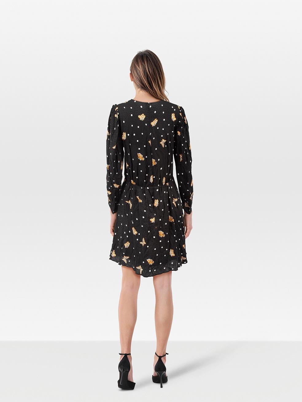 CONDITION is Very Good. Hardly any visible wear to the dress is evident on this used The Kooples designer resale item.
 
 Details
 
 
 Black¬†
 
 Viscose
 
 Dress
 
 Mini
 
 V neck
 
 Button detail
 
 Butterfly print
 
 Polkadot pattern
 
 Long