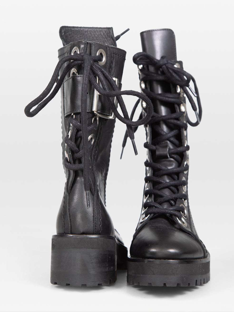 The Kooples Black Leather Combat Buckle Boots Size IT 36 In Good Condition For Sale In London, GB