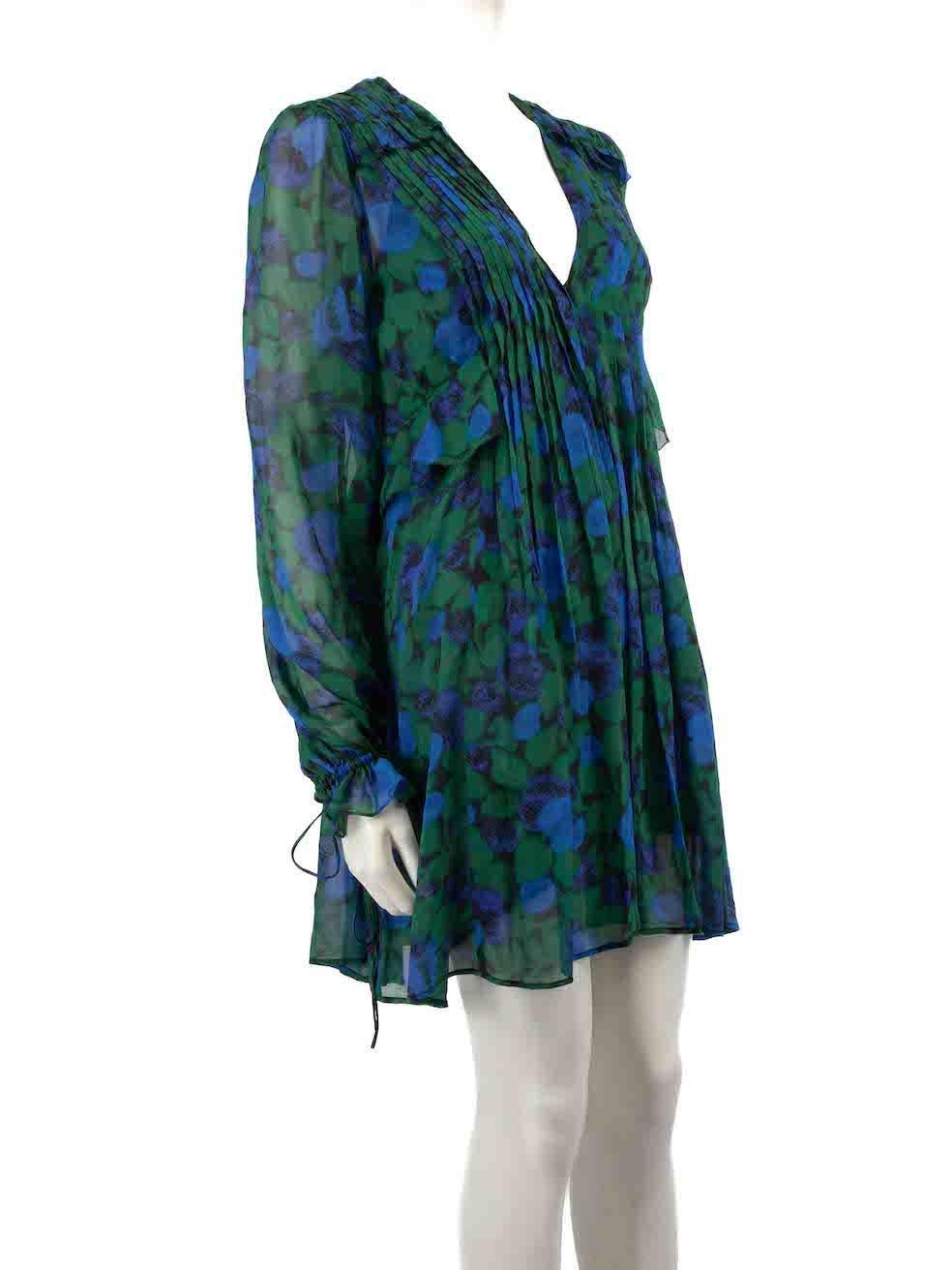 CONDITION is Never worn, with tags. No visible wear to dress is evident on this new The Kooples designer resale item.
 
 Details
 Multicolour- green and blue
 Silk
 Dress
 Floral pattern
 Mini
 Ruffle and pleated detail
 Long sleeves
 Sheer
 V-neck
