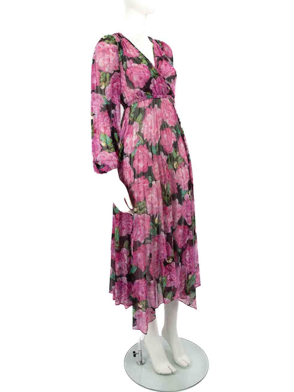 CONDITION is Very good. Hardly any visible wear to dress is evident on this used Kooples designer resale item.
 
 Details
 Pink
 Synthetic
 Dress
 Sheer
 Floral print
 Long sleeves
 Maxi
 V-neck
 Front snap button fastening
 Elasticated waist
 
 
