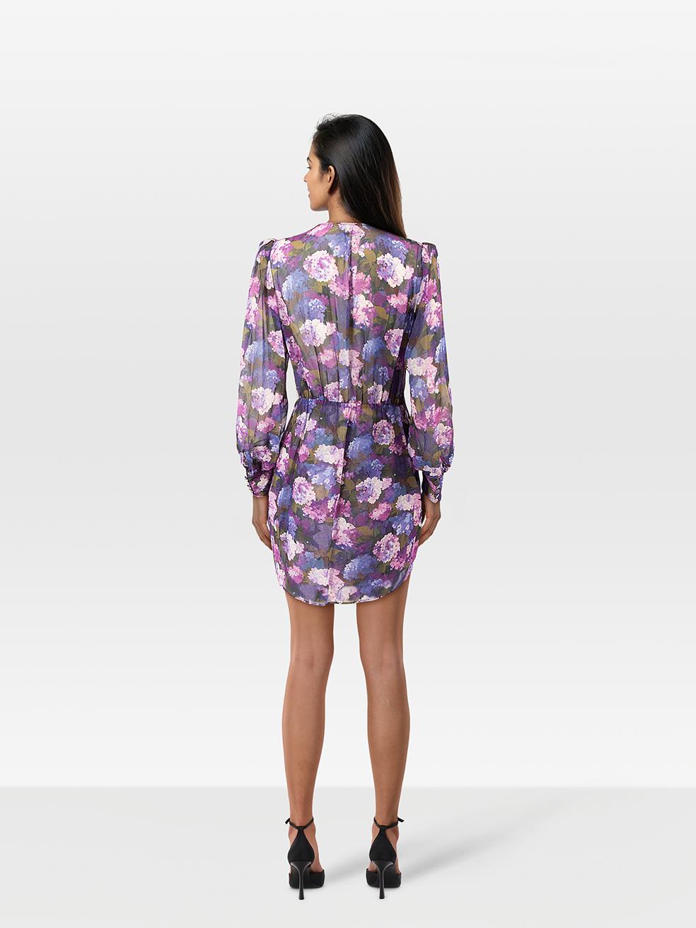 CONDITION is Very Good. Hardly any visible wear to the dress is evident on this used The Kooples designer resale item.
 
 Details
 
 
 Purple
 
 Polyester
 
 Wrap dress
 
 Floral print
 
 Long sheer sleeves
 
 Snap button fastening
 
 Knee length
 
