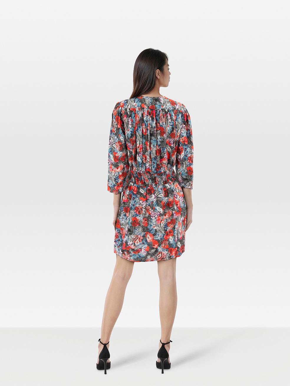 CONDITION is Very Good. Hardly any visible wear to the dress is evident on this used The Kooples designer resale item.
 
 Details
 
 
 Multicolour¬†
 
 Silk
 
 Dress
 
 Mini length
 
 Long sleeves
 
 V neck
 
 Front neck button fastening
 
 Side zip