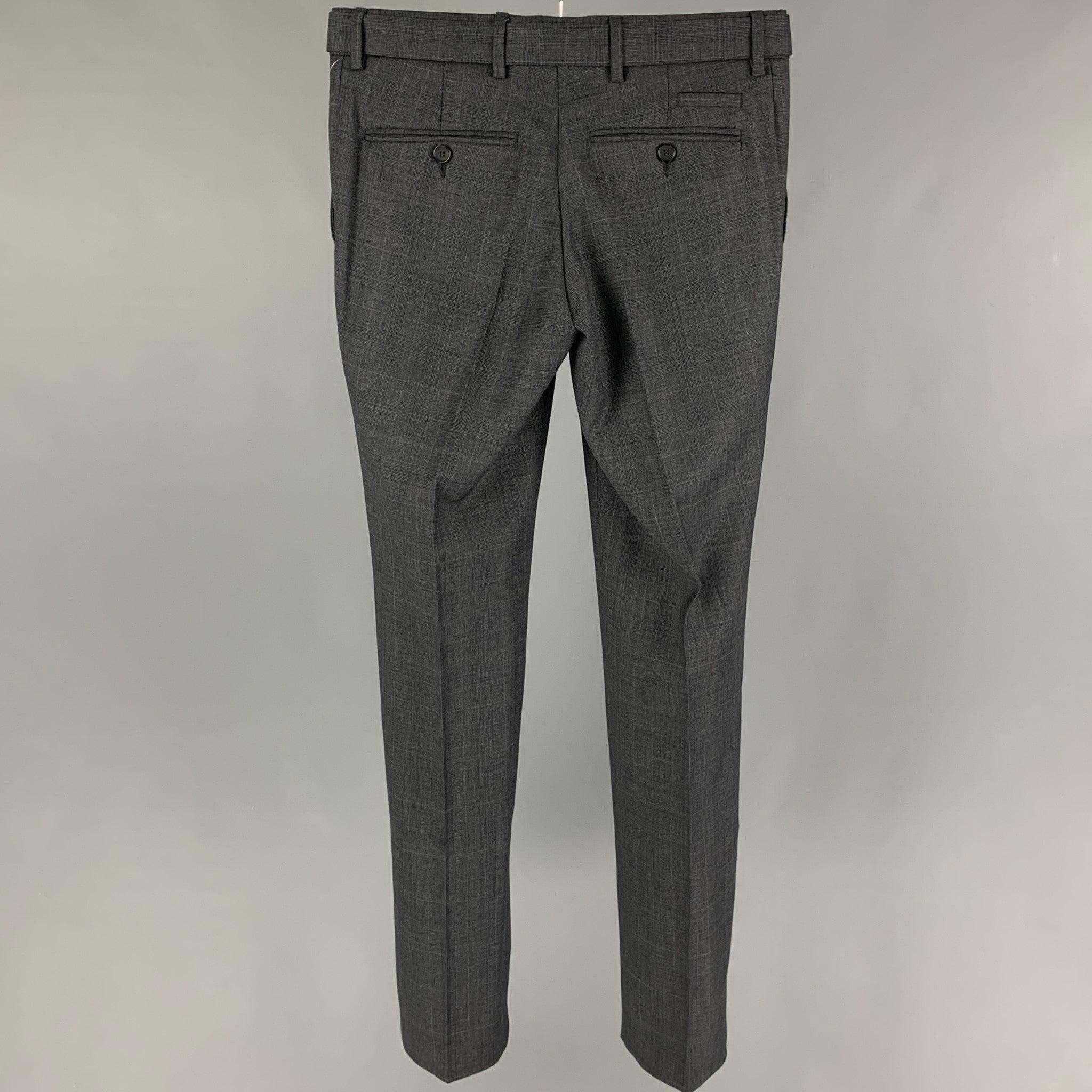 THE KOOPLES dress pants comes in a charcoal & grey plaid wool featuring a slim fit, belted, and a zip fly closure. Very Good
Pre-Owned Condition. 

Marked:   44 

Measurements: 
  Waist: 30 inches  Rise: 8.5 inches  Inseam: 32 inches 
  
  
