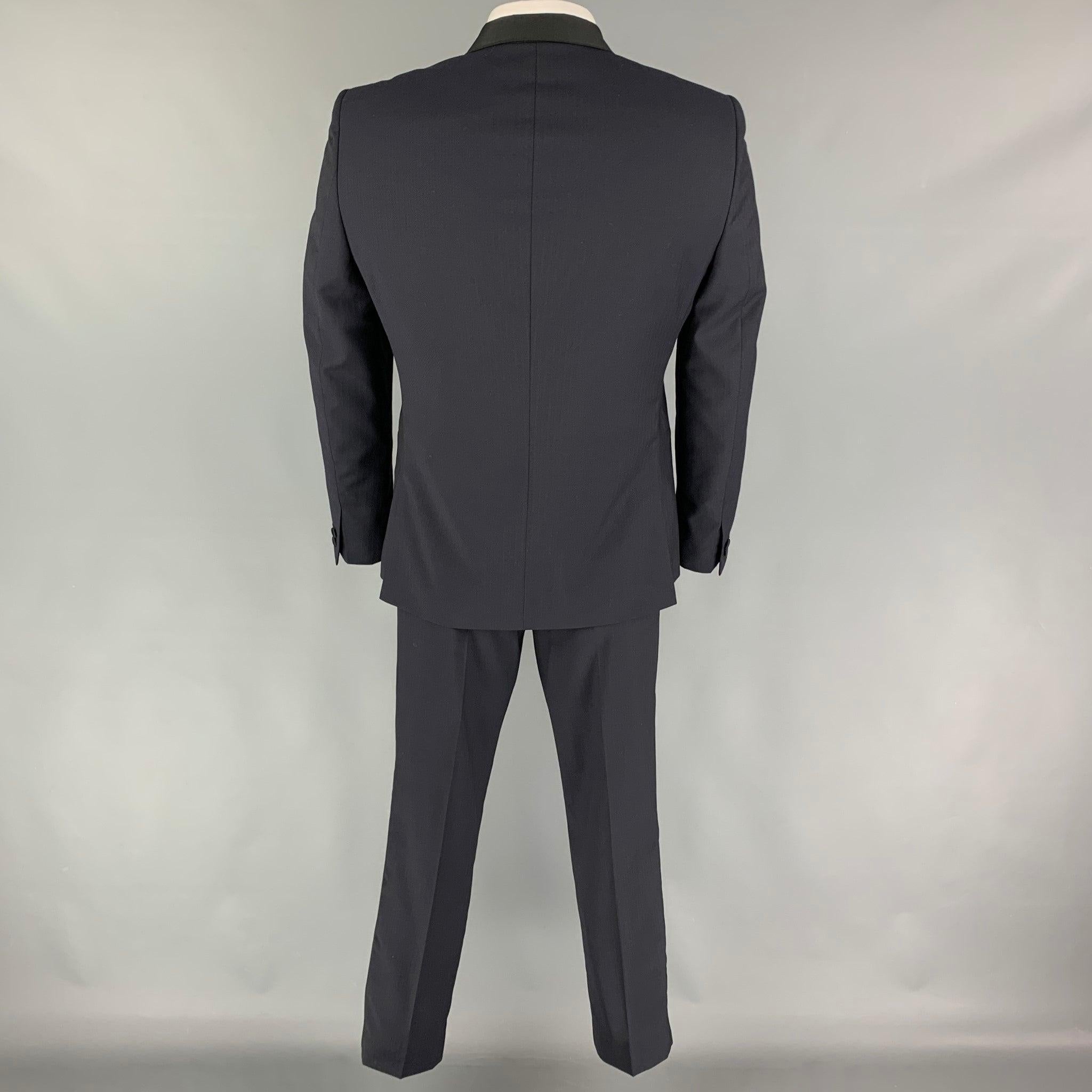 THE KOOPLES Size 40 Navy Black Herringbone Wool Mohair Tuxedo Suit In Excellent Condition For Sale In San Francisco, CA