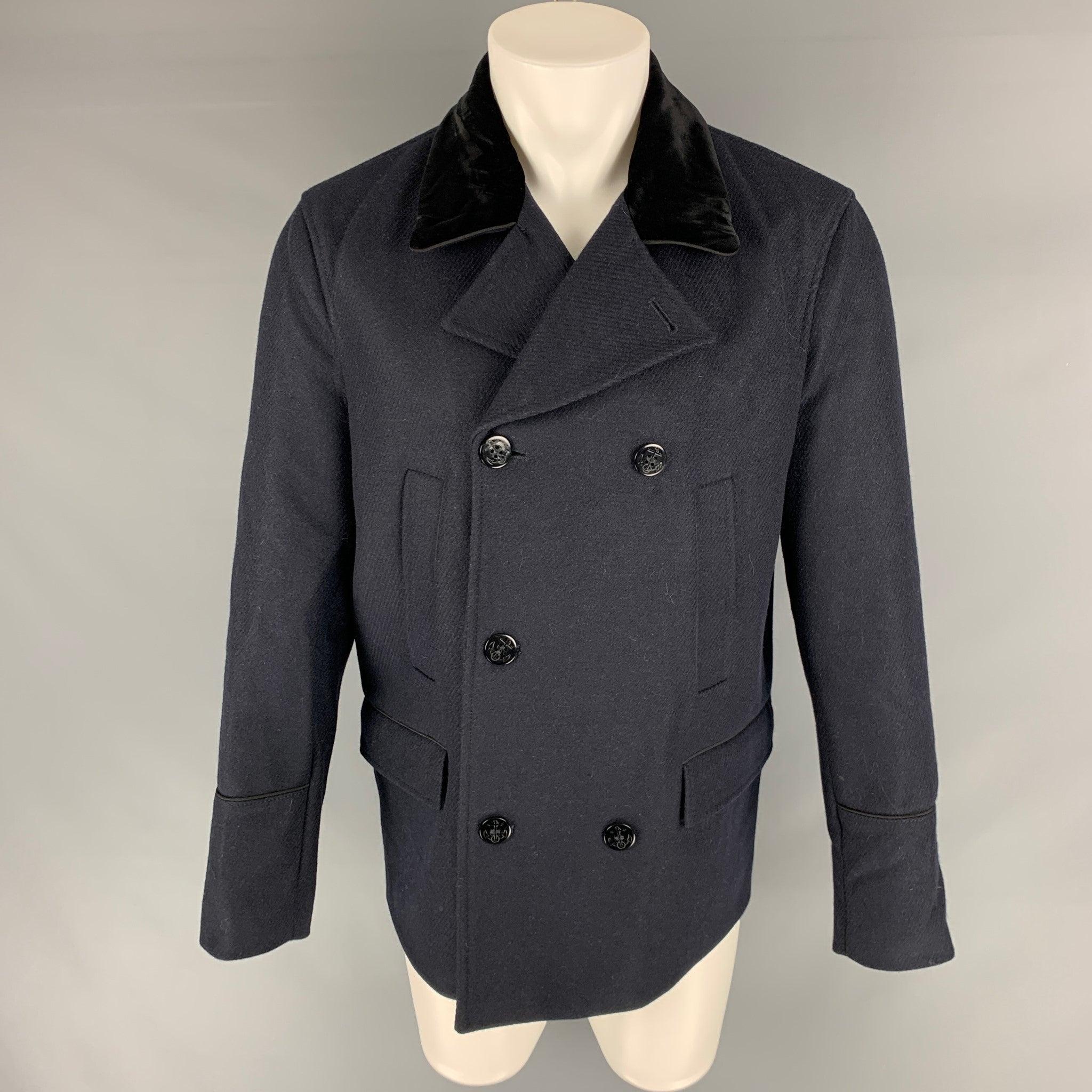 THE KOOPLES Size 40 Navy Solid Wool Blend Peacoat Coat In Excellent Condition For Sale In San Francisco, CA