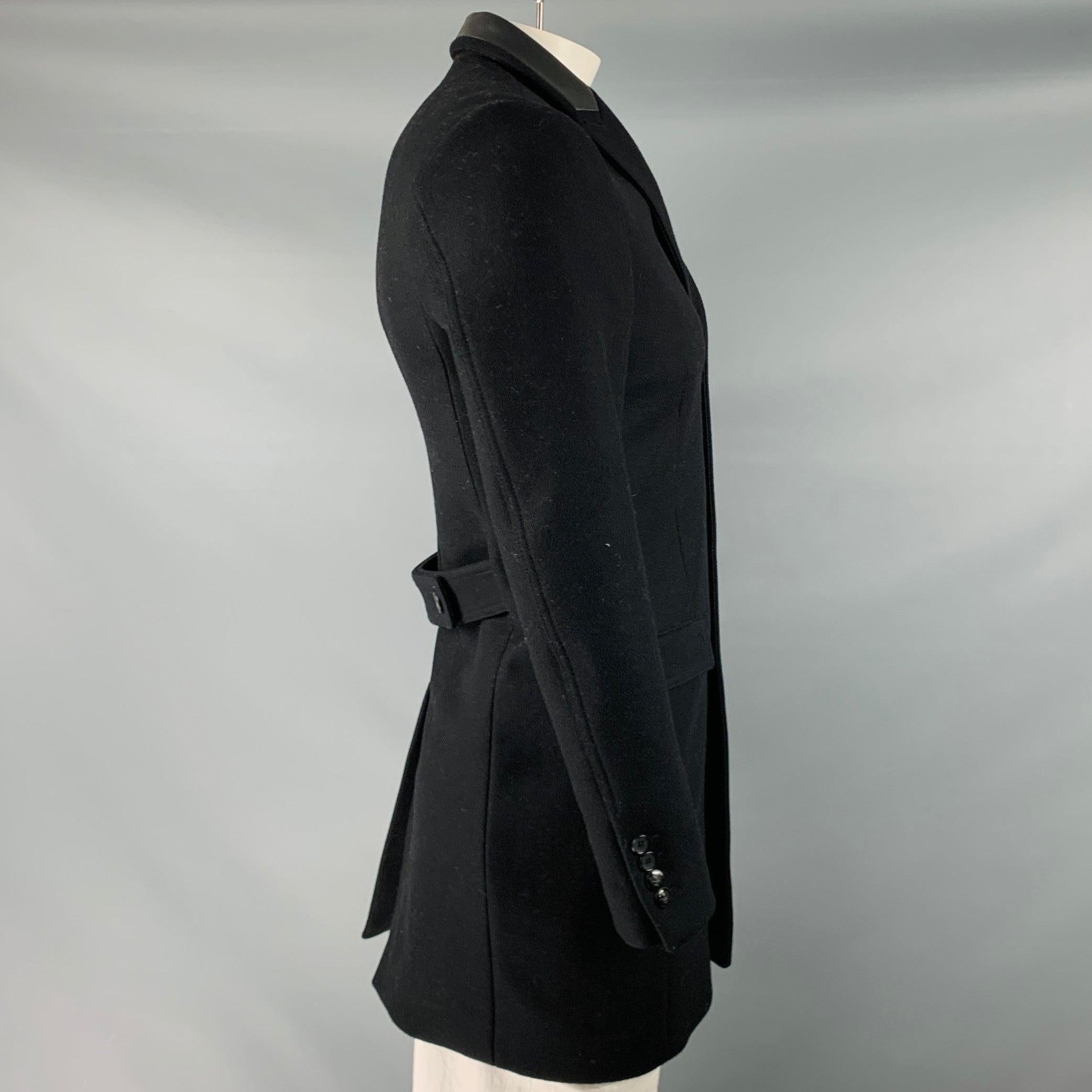 THE KOOPLES Size 44 Black Wool Blend Leather Trim Peak Lapel Coat In Excellent Condition For Sale In San Francisco, CA