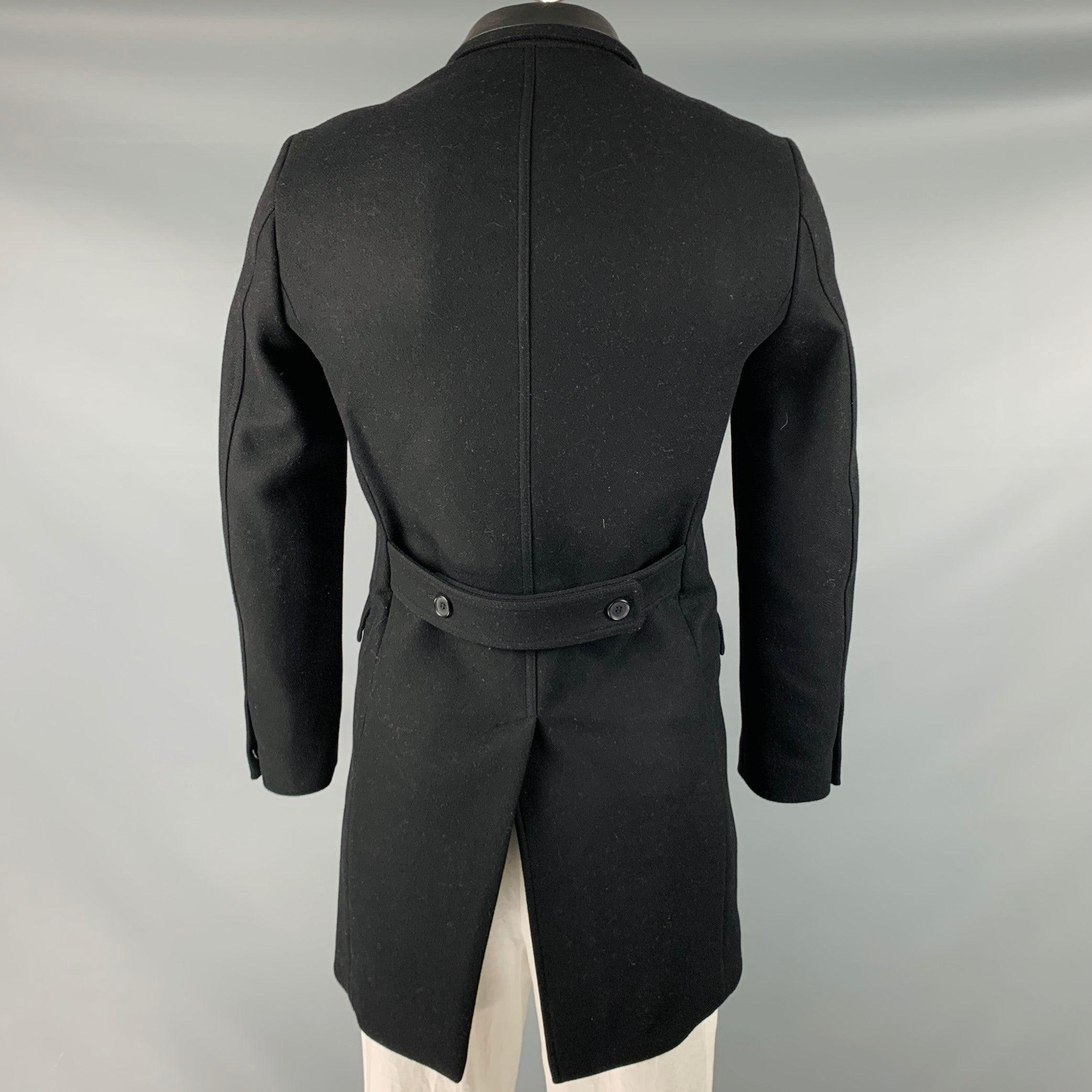 Men's THE KOOPLES Size 44 Black Wool Blend Leather Trim Peak Lapel Coat For Sale