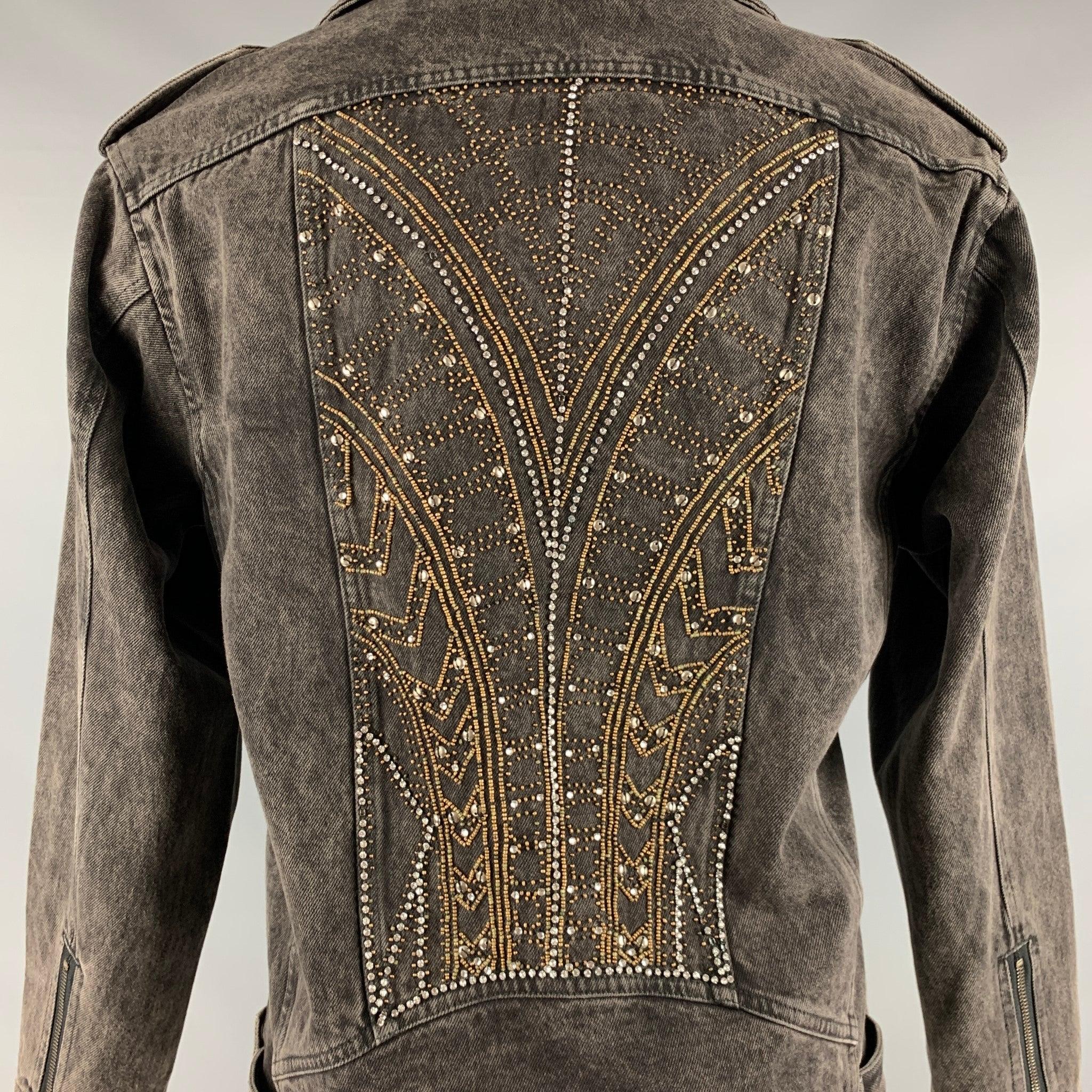 THE KOOPLES Size S Black Beaded Denim Biker Jacket For Sale 1