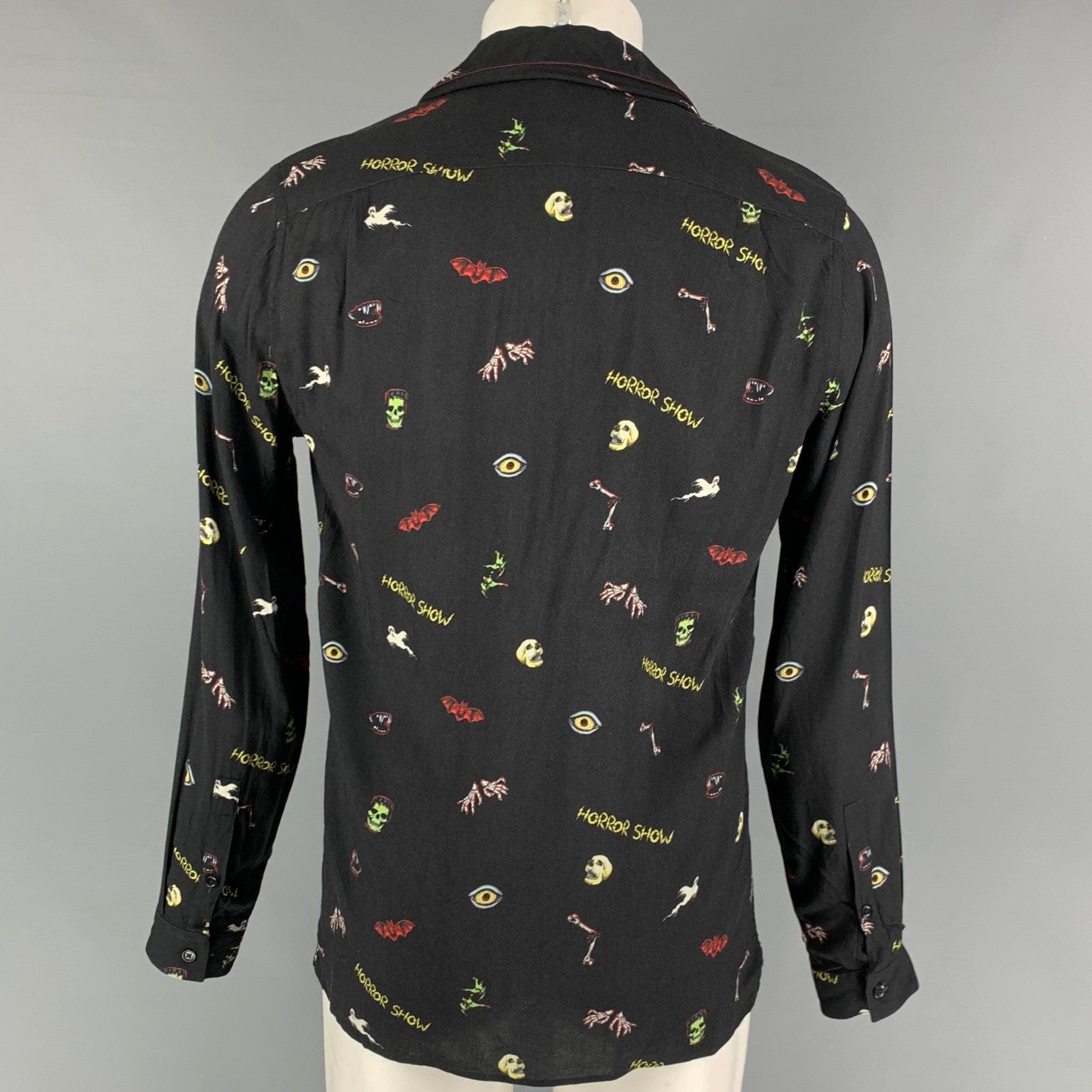 THE KOOPLES Size S Black Multi-Color Graphic Viscose Long Sleeve Shirt In Good Condition For Sale In San Francisco, CA