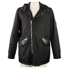 THE KOOPLES Cappotto con cappuccio taglia XL, nero, in poliestere con rifiniture in pelle