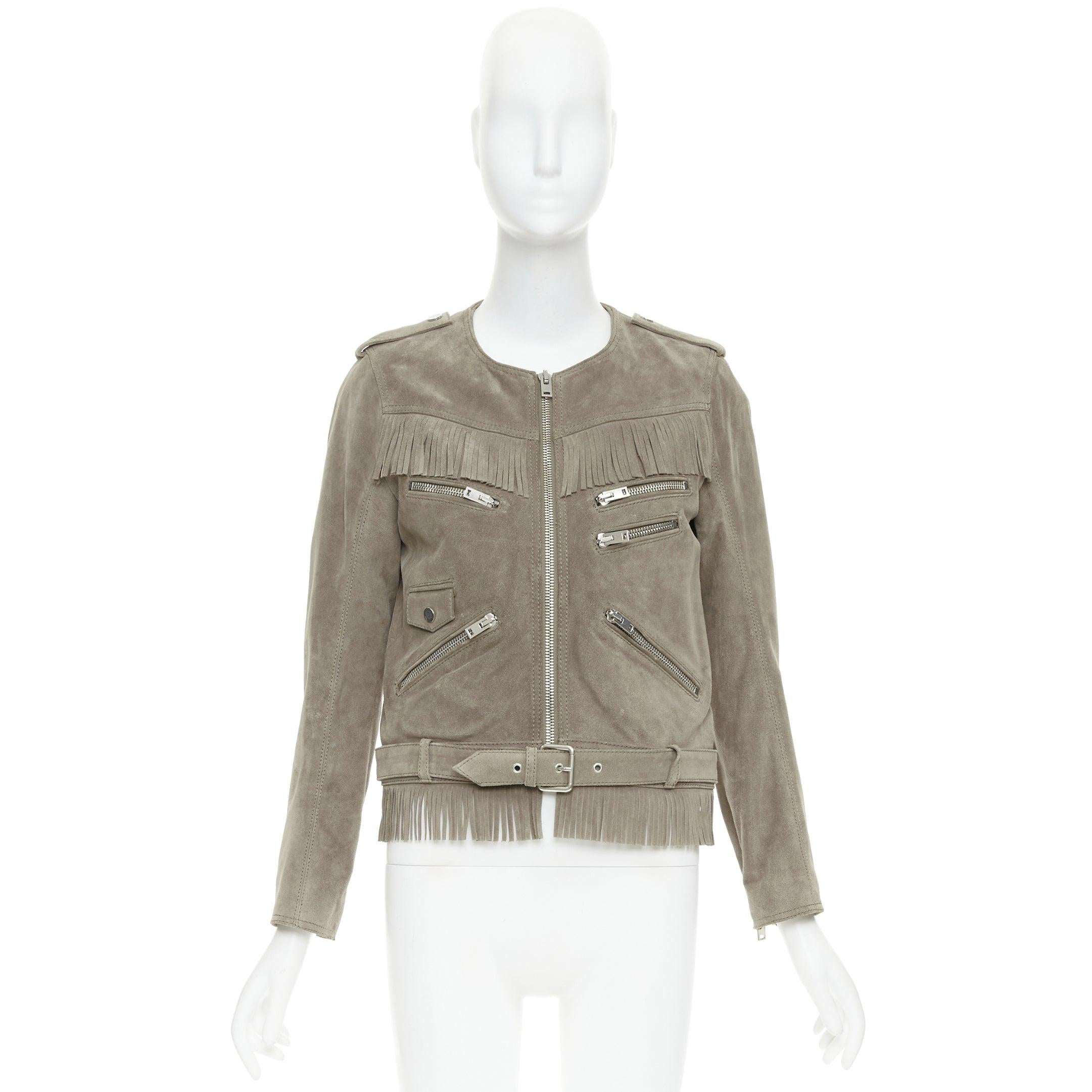 THE KOOPLES taupe cow suede leather western fringe belted biker jacket M For Sale 5