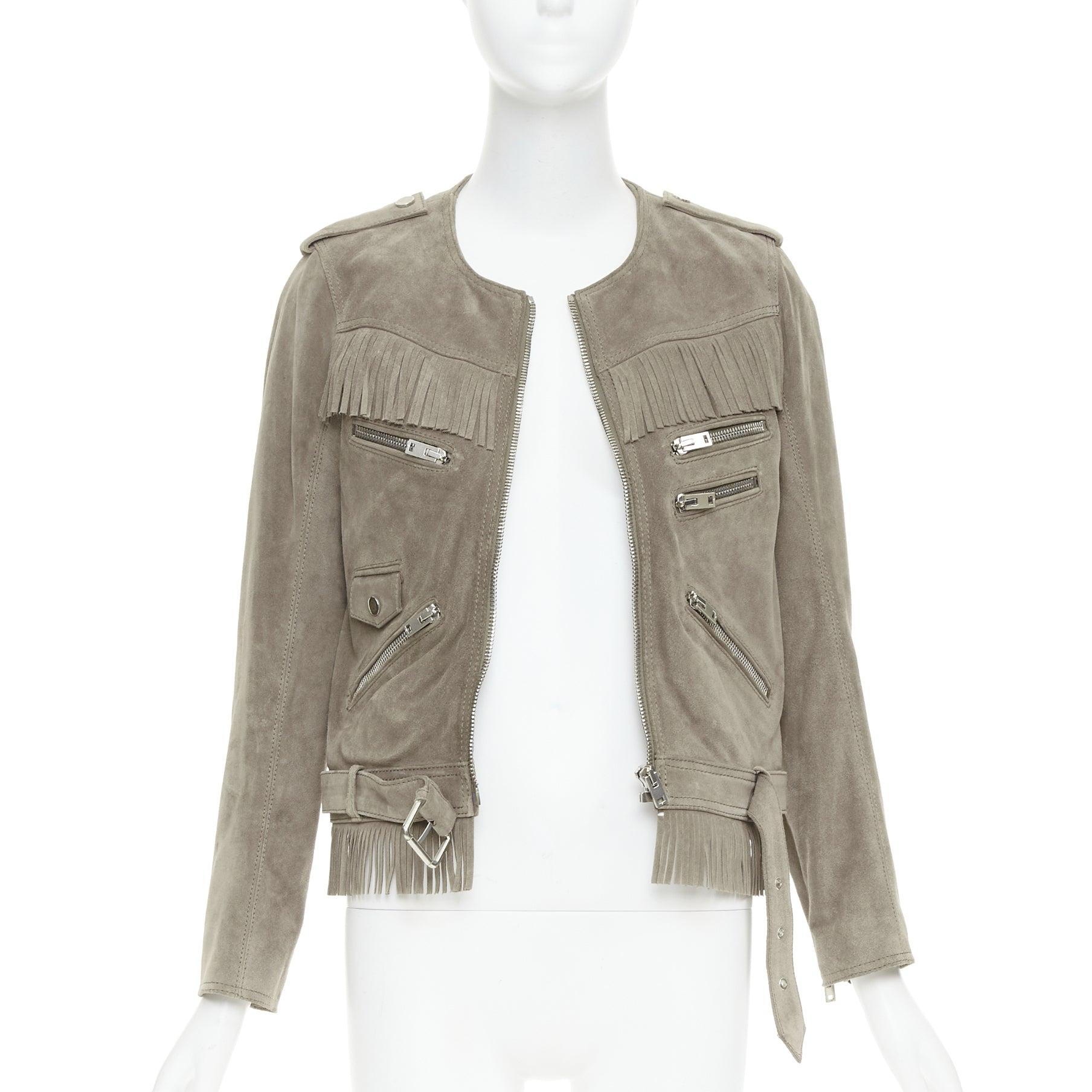 Gray THE KOOPLES taupe cow suede leather western fringe belted biker jacket M For Sale
