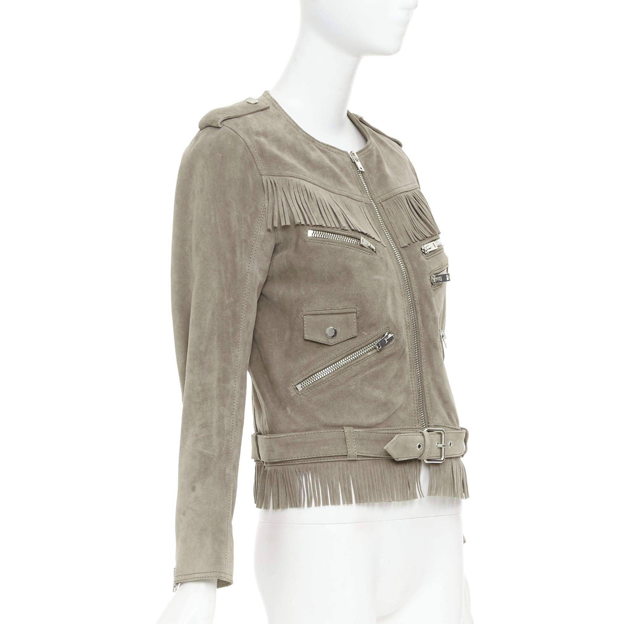 THE KOOPLES taupe cow suede leather western fringe belted biker jacket M In Good Condition For Sale In Hong Kong, NT