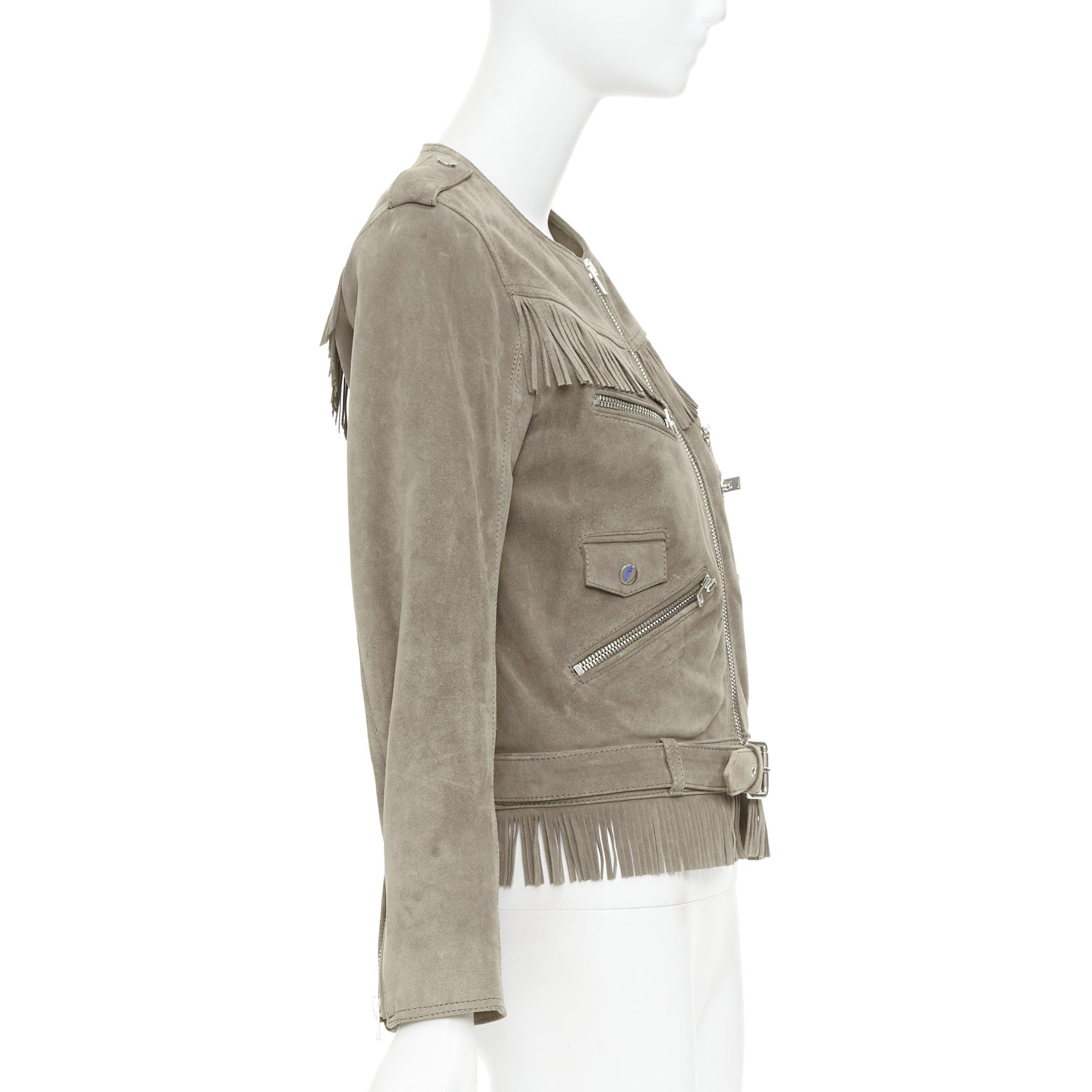 Women's THE KOOPLES taupe cow suede leather western fringe belted biker jacket M For Sale