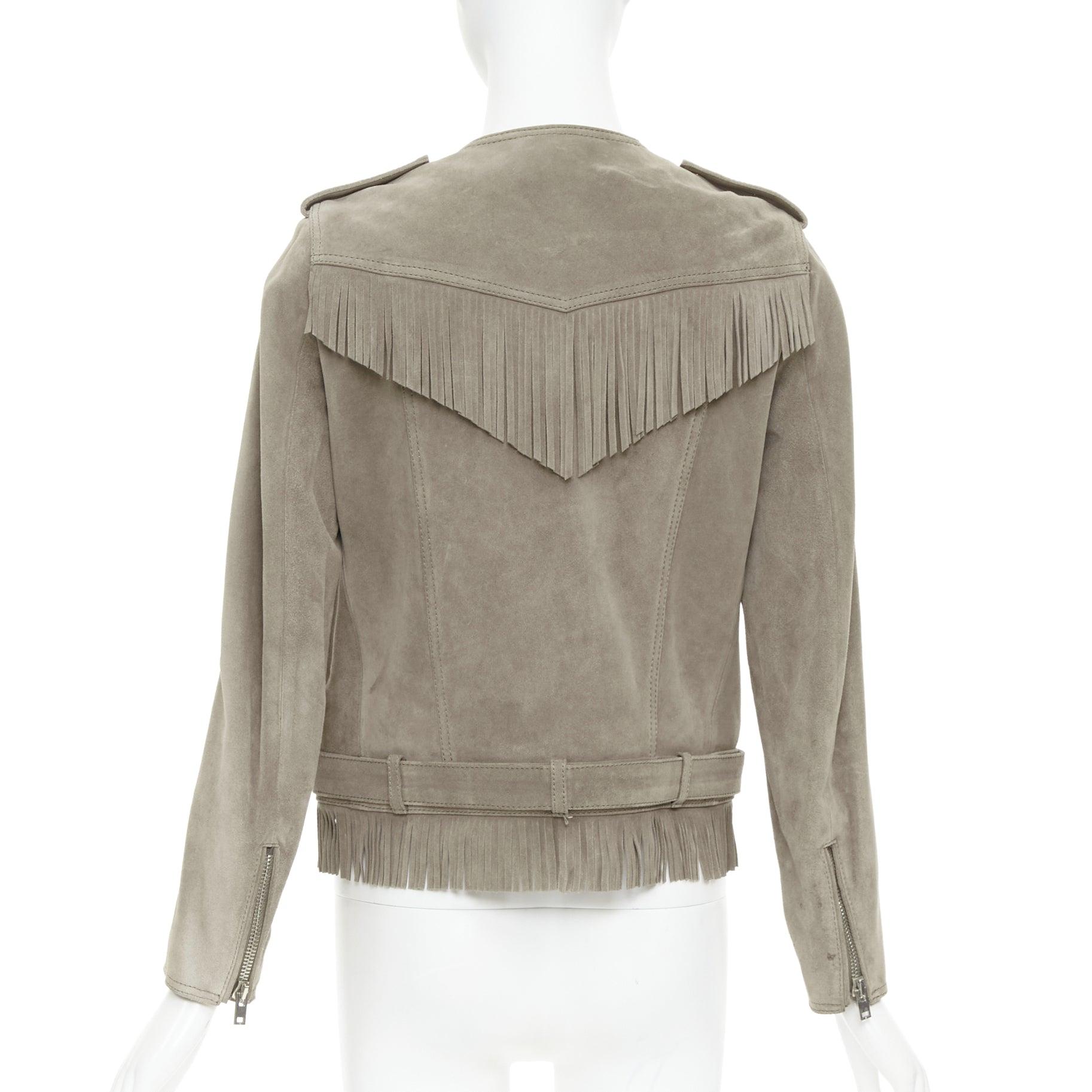THE KOOPLES taupe cow suede leather western fringe belted biker jacket M For Sale 1