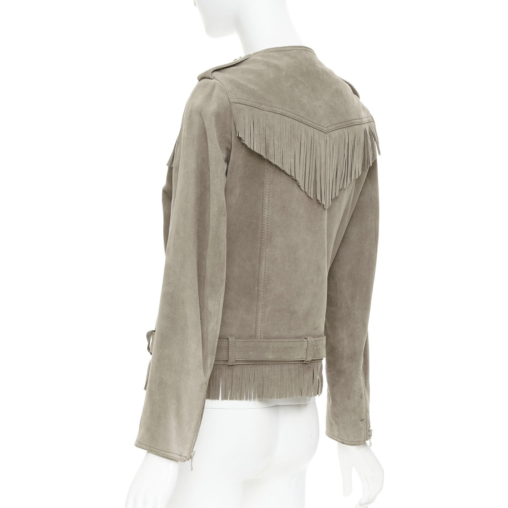 THE KOOPLES taupe cow suede leather western fringe belted biker jacket M For Sale 2