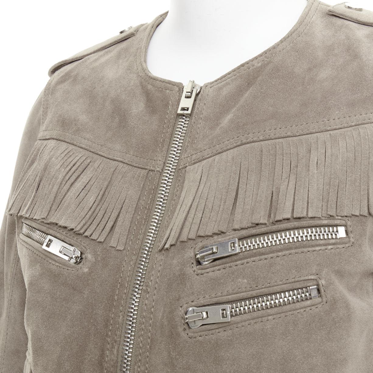 THE KOOPLES taupe cow suede leather western fringe belted biker jacket M For Sale 3