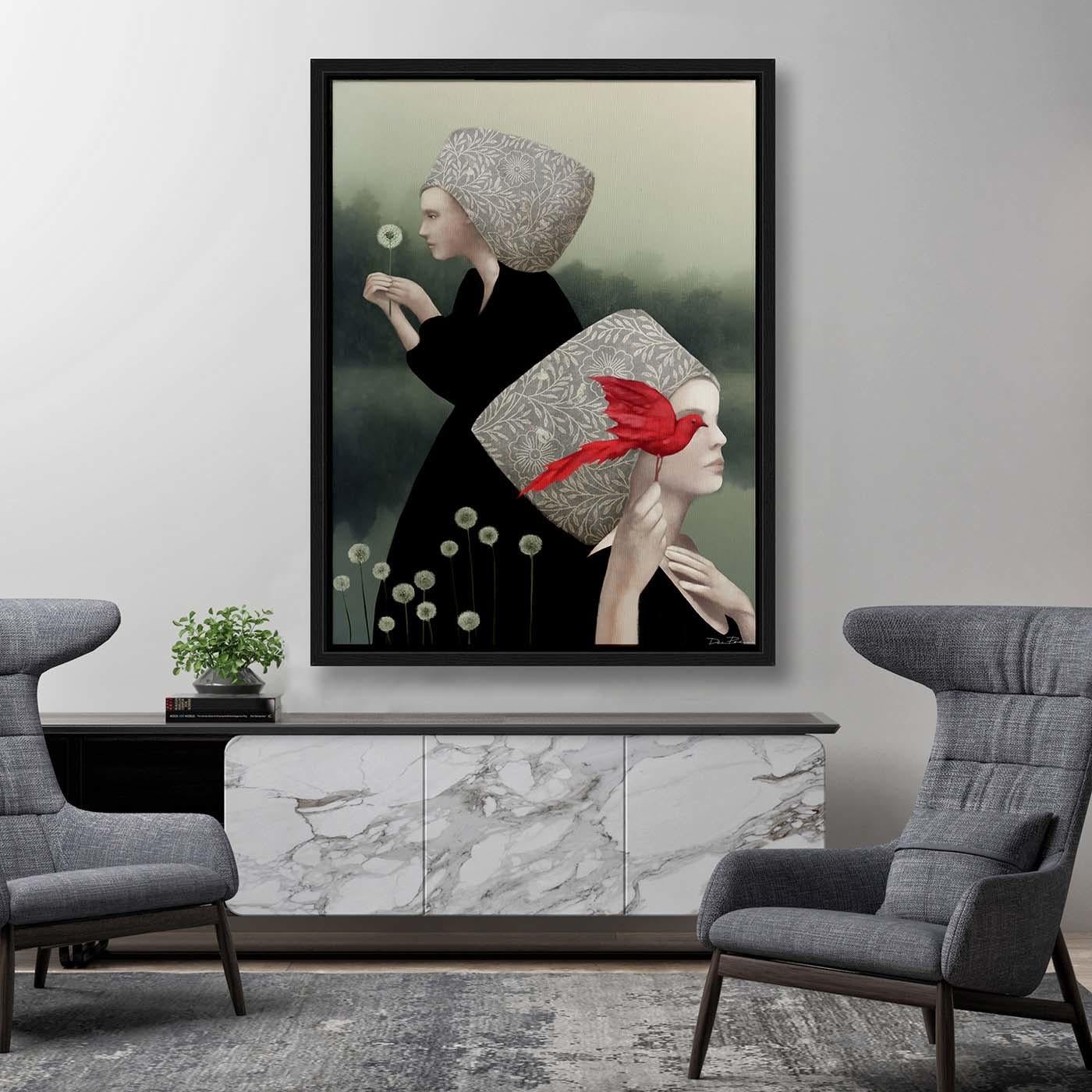 Painted in a Pop-Surrealist style, this digital painting depicts two women on the misty shores of a lake. Adorned in elegant, unusual head coverings, one holds a dandelion, with the other clings to a stately red bird, representing her otherworldly